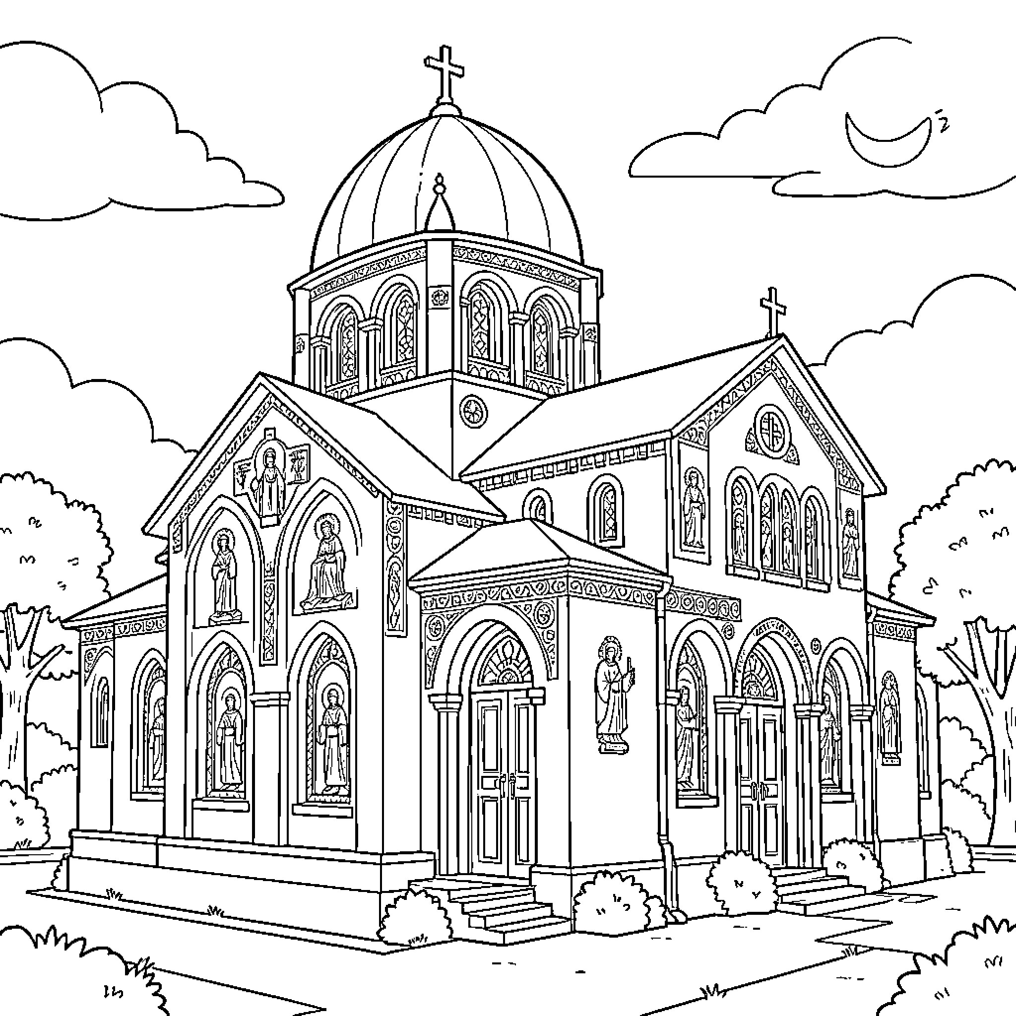 Church standing peacefully under the moon and clouds Coloring Page (free black-and-white line drawing printable PDF for all, from beginners to advanced learners, including children, teens, adults, and seniors)