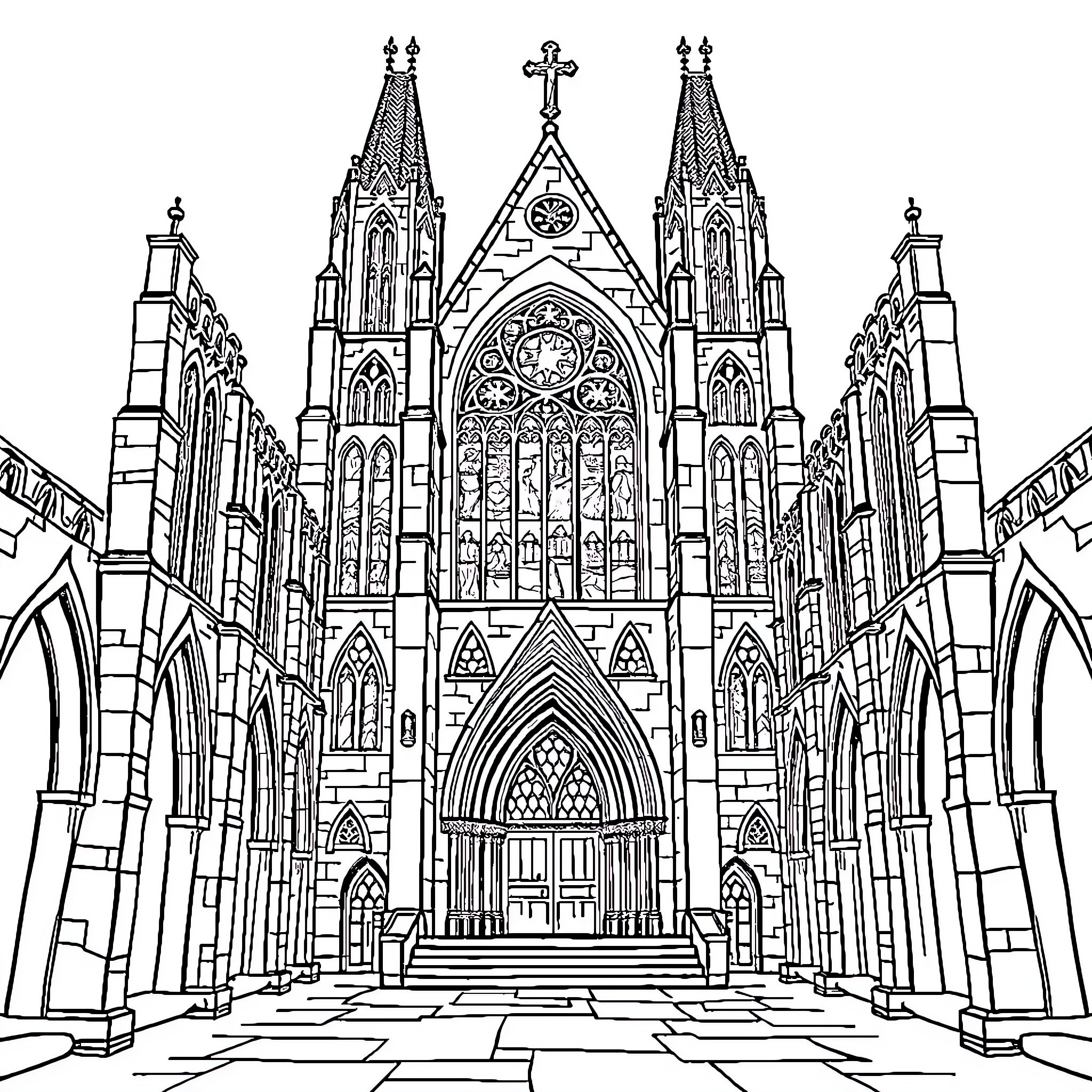 Church with Gothic Architectural Details and Arched Entrance Coloring Page (free black-and-white line drawing printable PDF for all, from beginners to advanced learners, including children, teens, adults, and seniors)