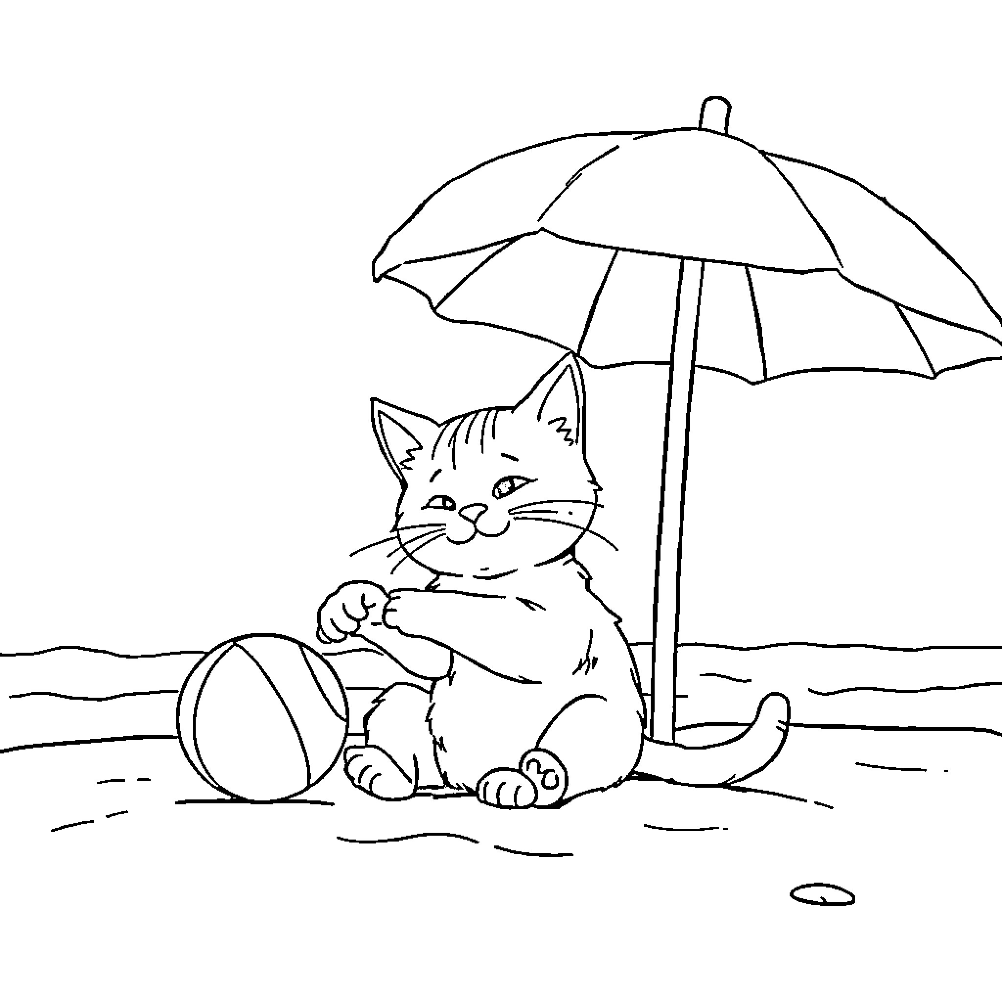 Cat relaxing on the beach under umbrella Coloring Page (free black-and-white line drawing printable PDF for all, from beginners to advanced learners, including children, teens, adults, and seniors)