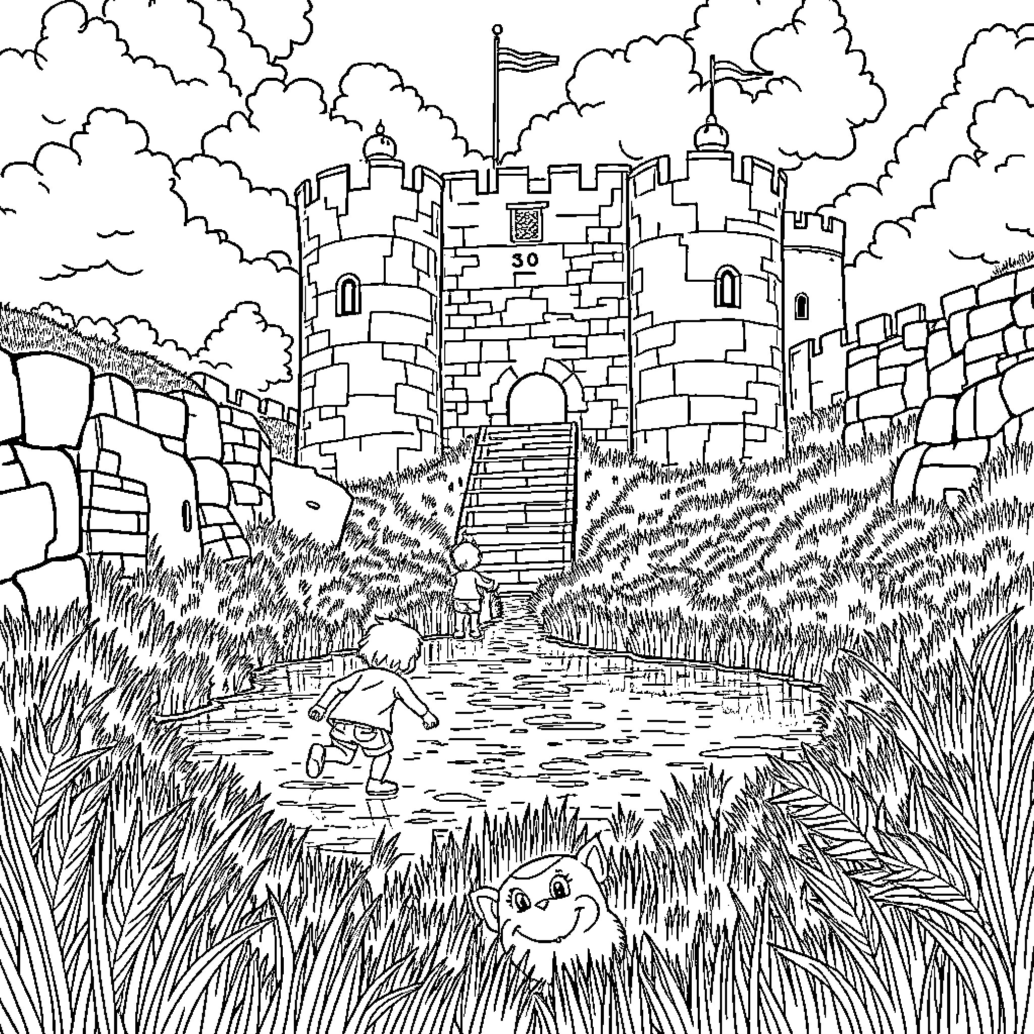 Child exploring the wonders of a medieval castle Coloring Page (free black-and-white line drawing printable PDF for all, from beginners to advanced learners, including children, teens, adults, and seniors)