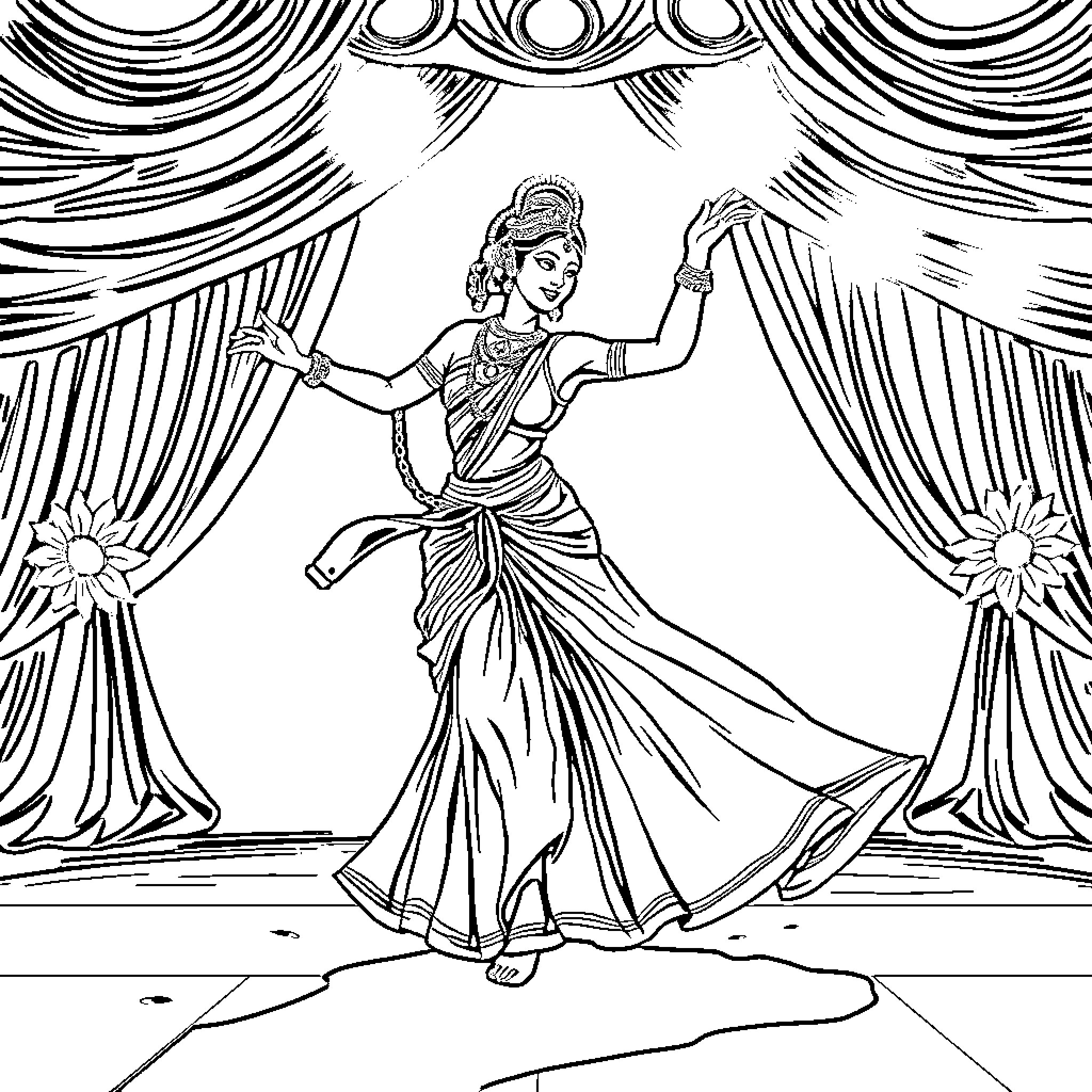Vayana: Graceful Dance on the Stage Coloring Page (free black-and-white line drawing printable PDF for all, from beginners to advanced learners, including children, teens, adults, and seniors)
