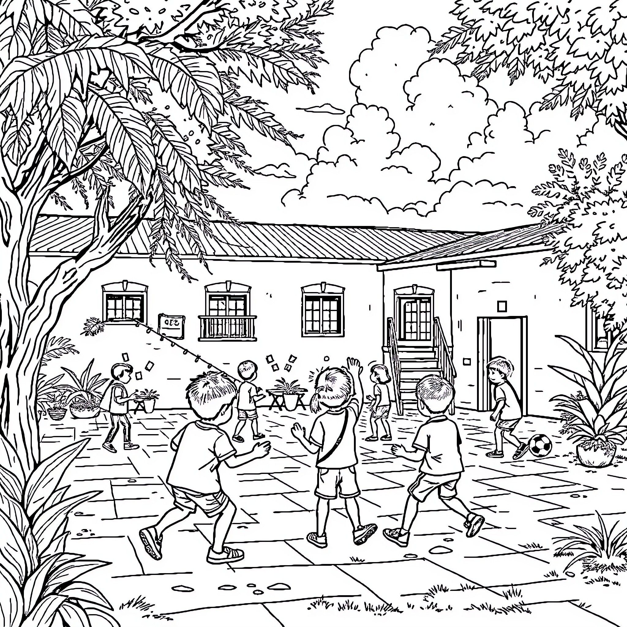 School children enjoying outdoor activities Coloring Page (free black-and-white line drawing printable PDF for all, from beginners to advanced learners, including children, teens, adults, and seniors)
