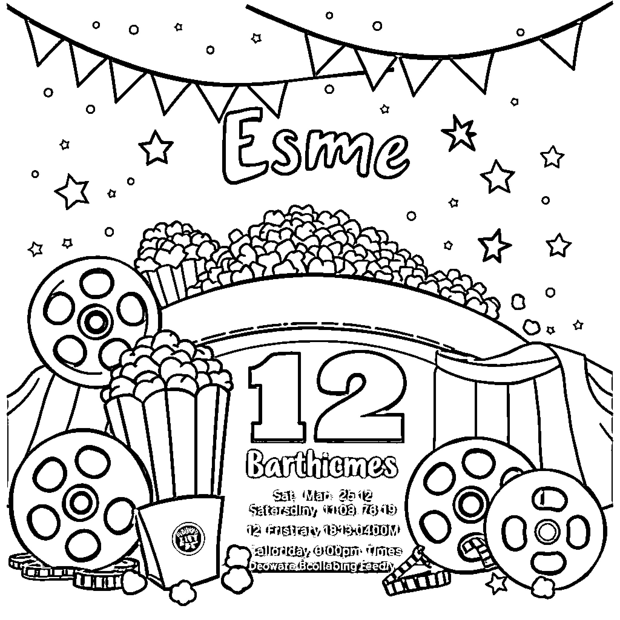 Birthday movie night with popcorn and decorations Coloring Page (free black-and-white line drawing printable PDF for all, from beginners to advanced learners, including children, teens, adults, and seniors)