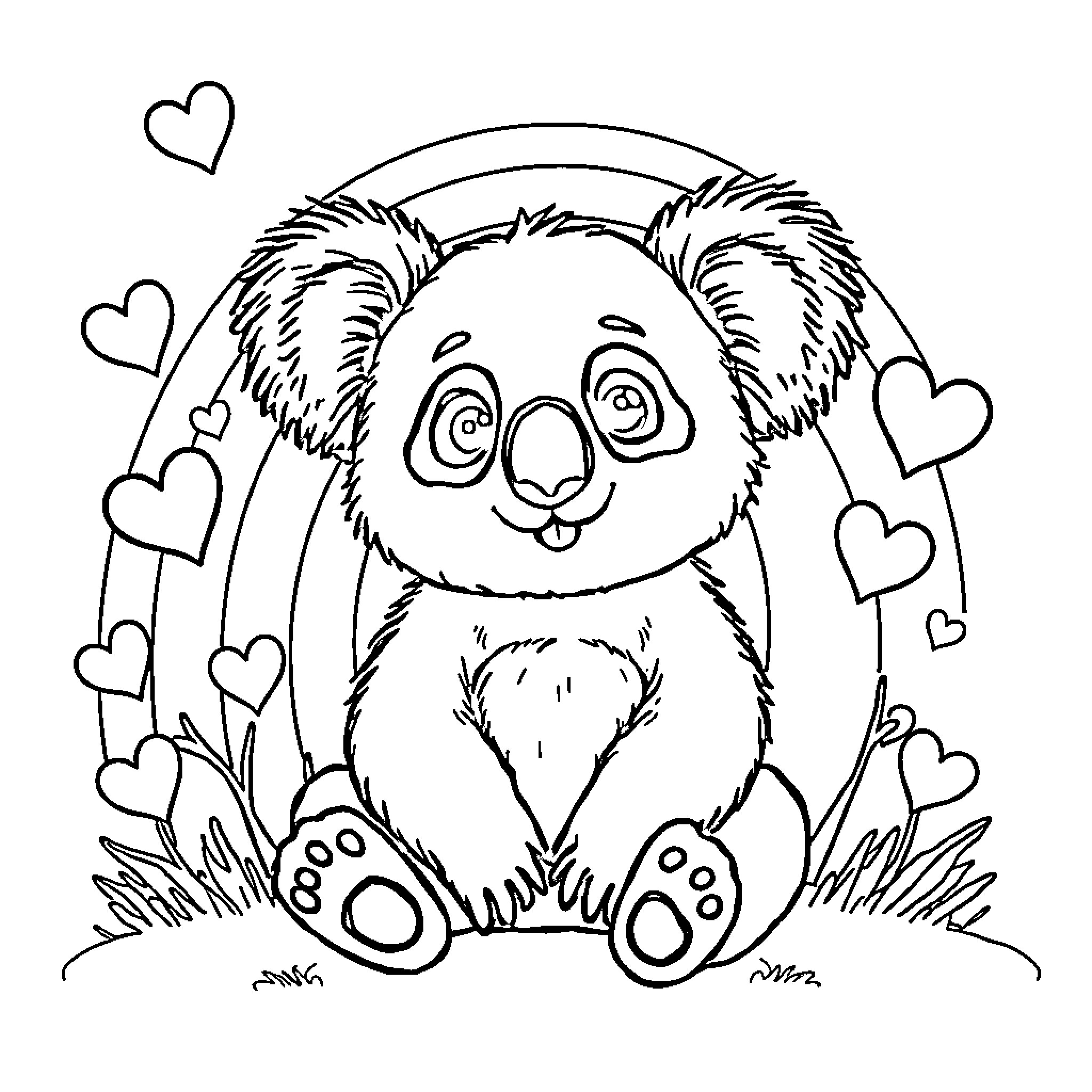 Panda Koala sitting happily with hearts Coloring Page (free black-and-white line drawing printable PDF for all, from beginners to advanced learners, including children, teens, adults, and seniors)