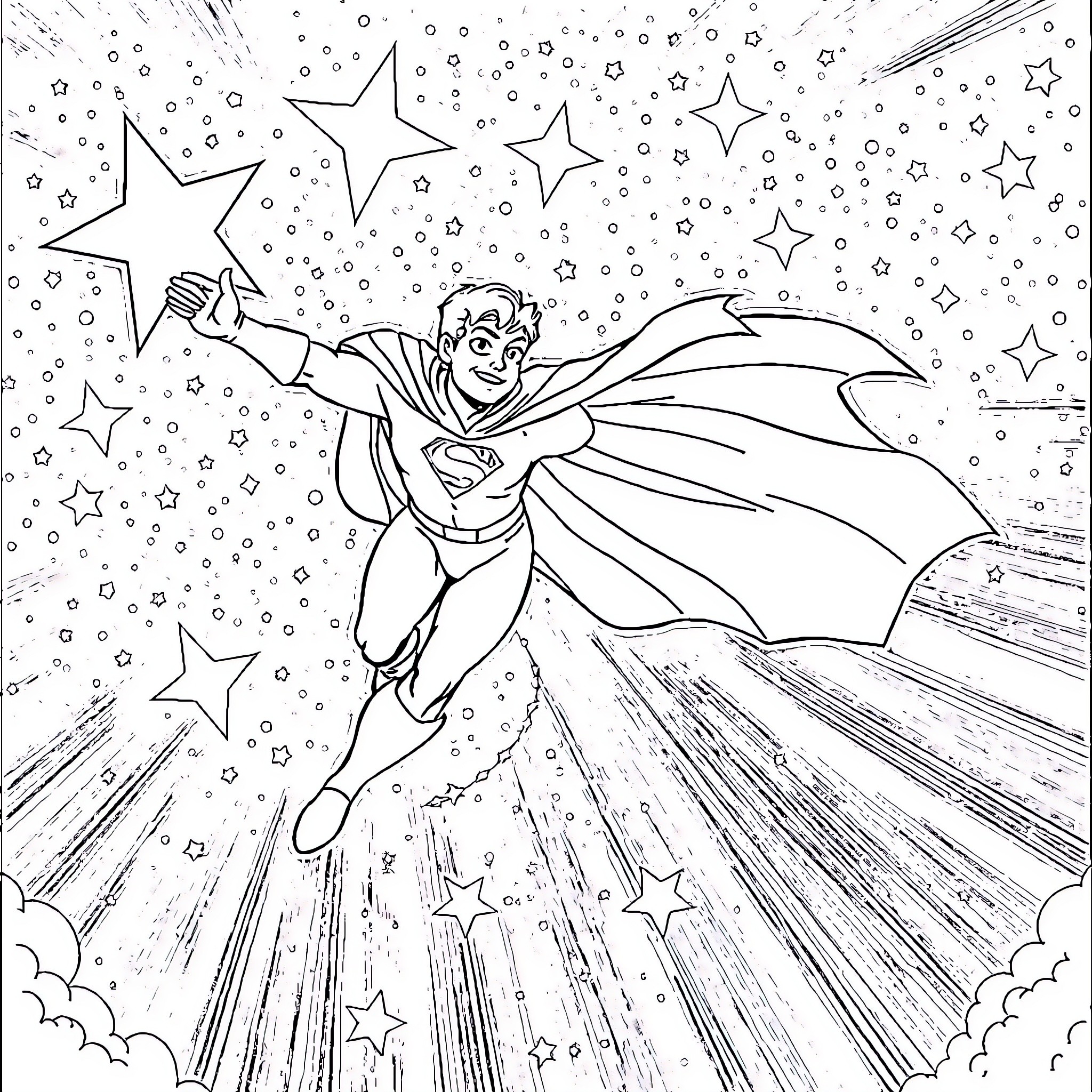 Superman flying through a starry night sky Coloring Page (free black-and-white line drawing printable PDF for all, from beginners to advanced learners, including children, teens, adults, and seniors)