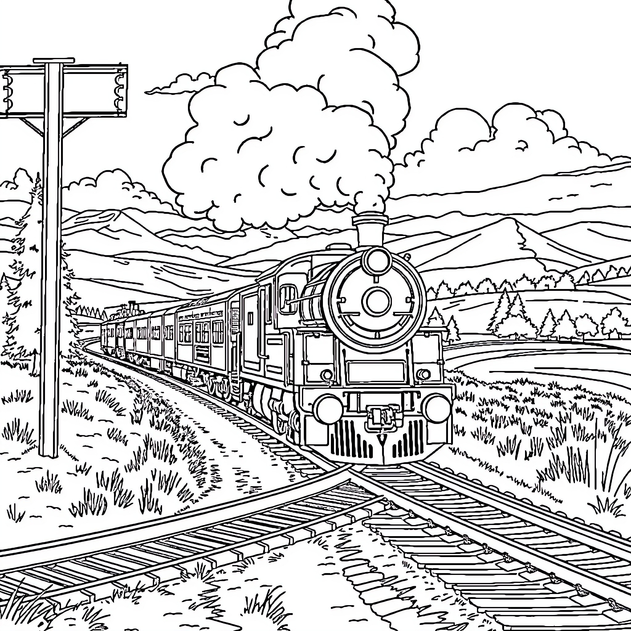 Train travels through scenic countryside landscape Coloring Page (free black-and-white line drawing printable PDF for all, from beginners to advanced learners, including children, teens, adults, and seniors)