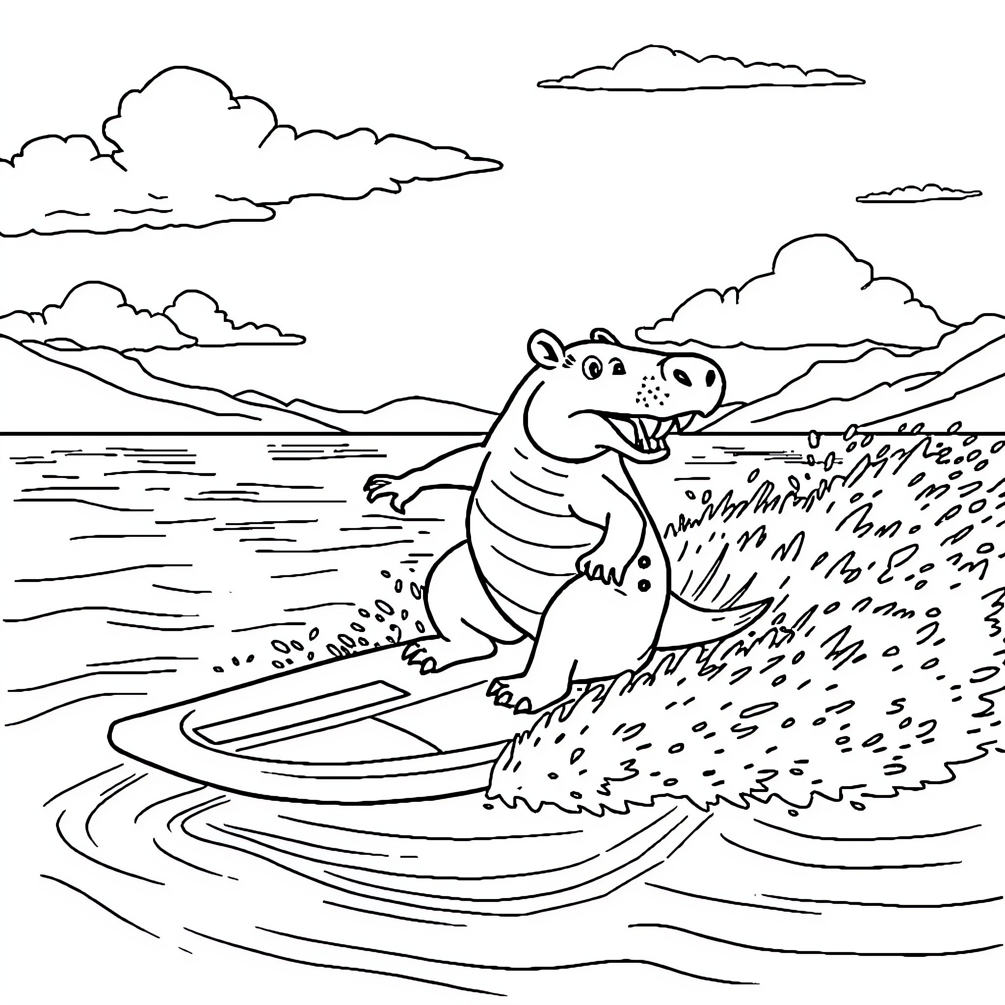 Capybara surfing happily on the waves Coloring Page (free black-and-white line drawing printable PDF for all, from beginners to advanced learners, including children, teens, adults, and seniors)