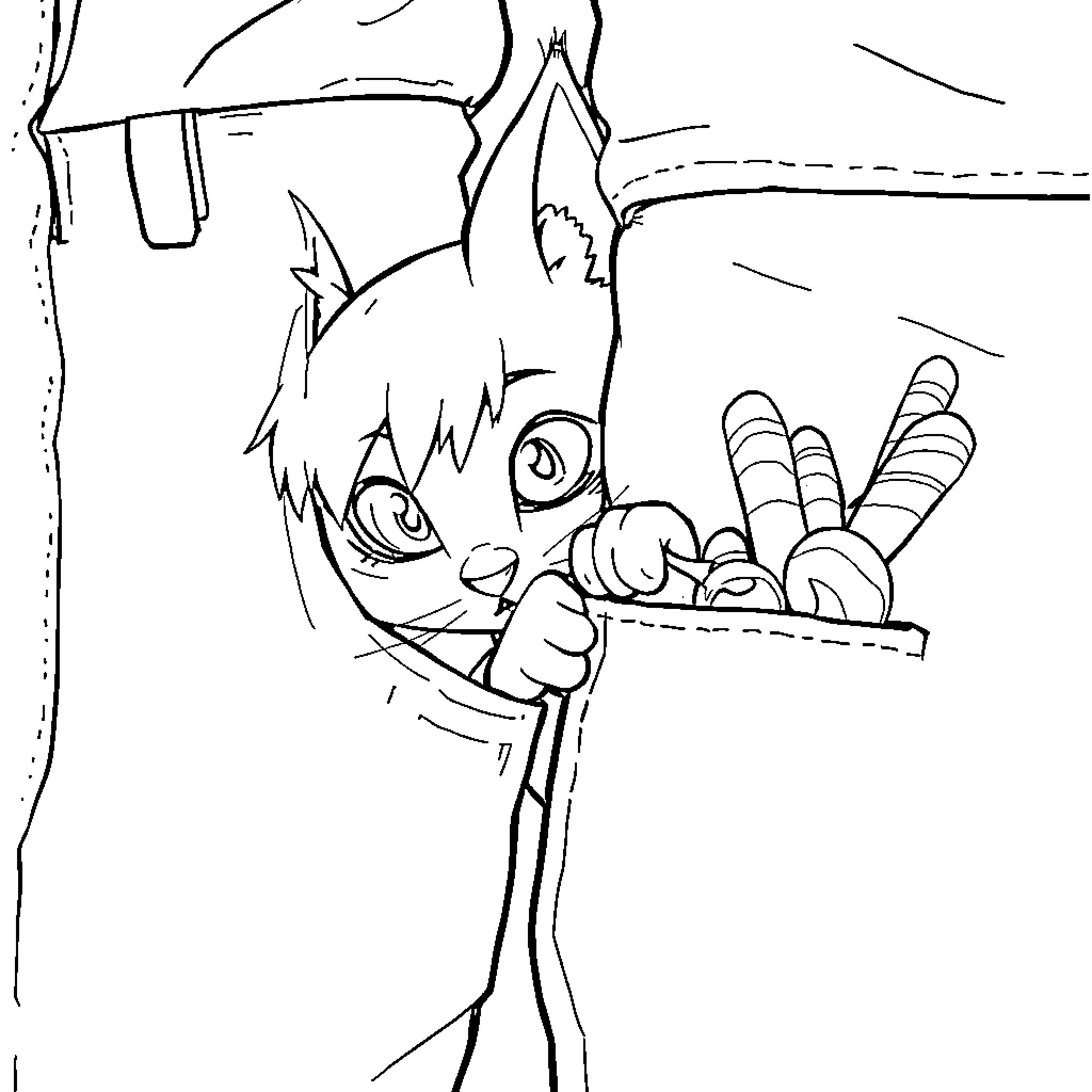 Catgirl Peeking Curiously Through Broken Wall Coloring Page (free black-and-white line drawing printable PDF for all, from beginners to advanced learners, including children, teens, adults, and seniors)