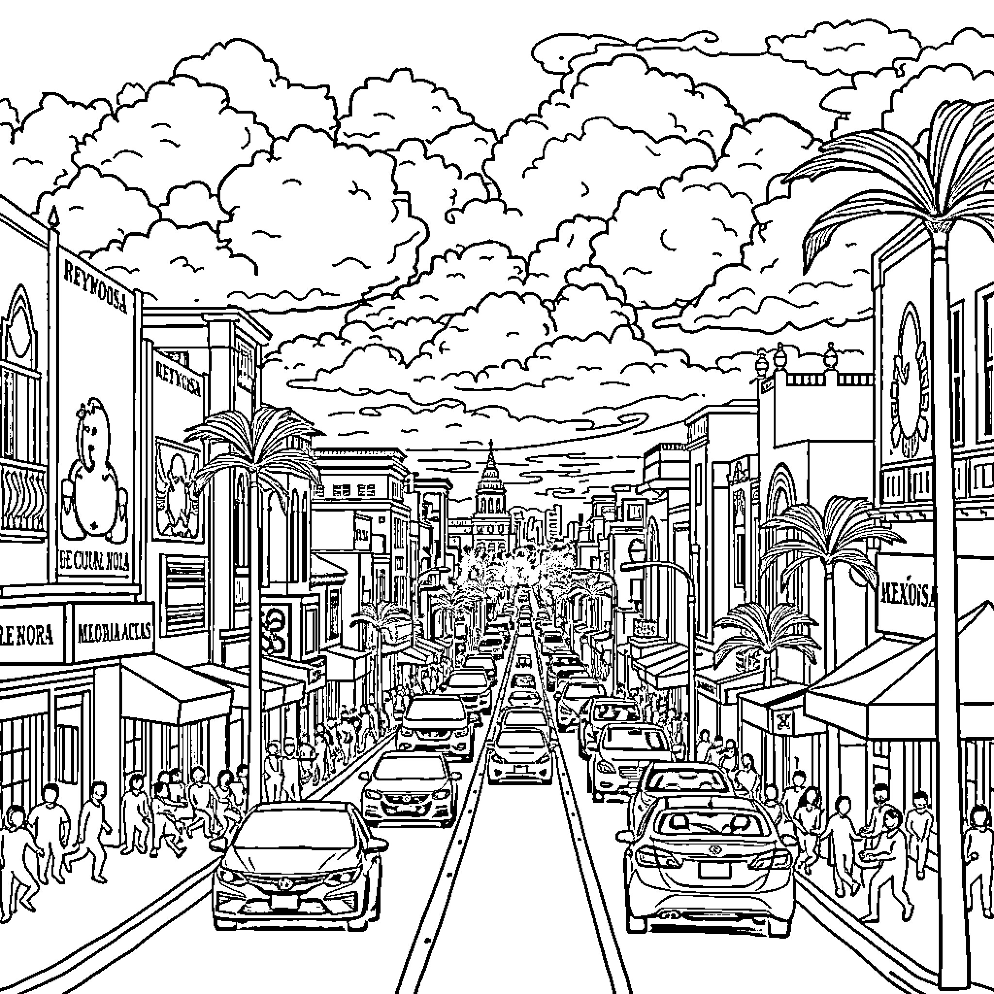 Reynosa bustling city street scene with cars, crowds, and cloudy sky Coloring Page (free black-and-white line drawing printable PDF for all, from beginners to advanced learners, including children, teens, adults, and seniors)
