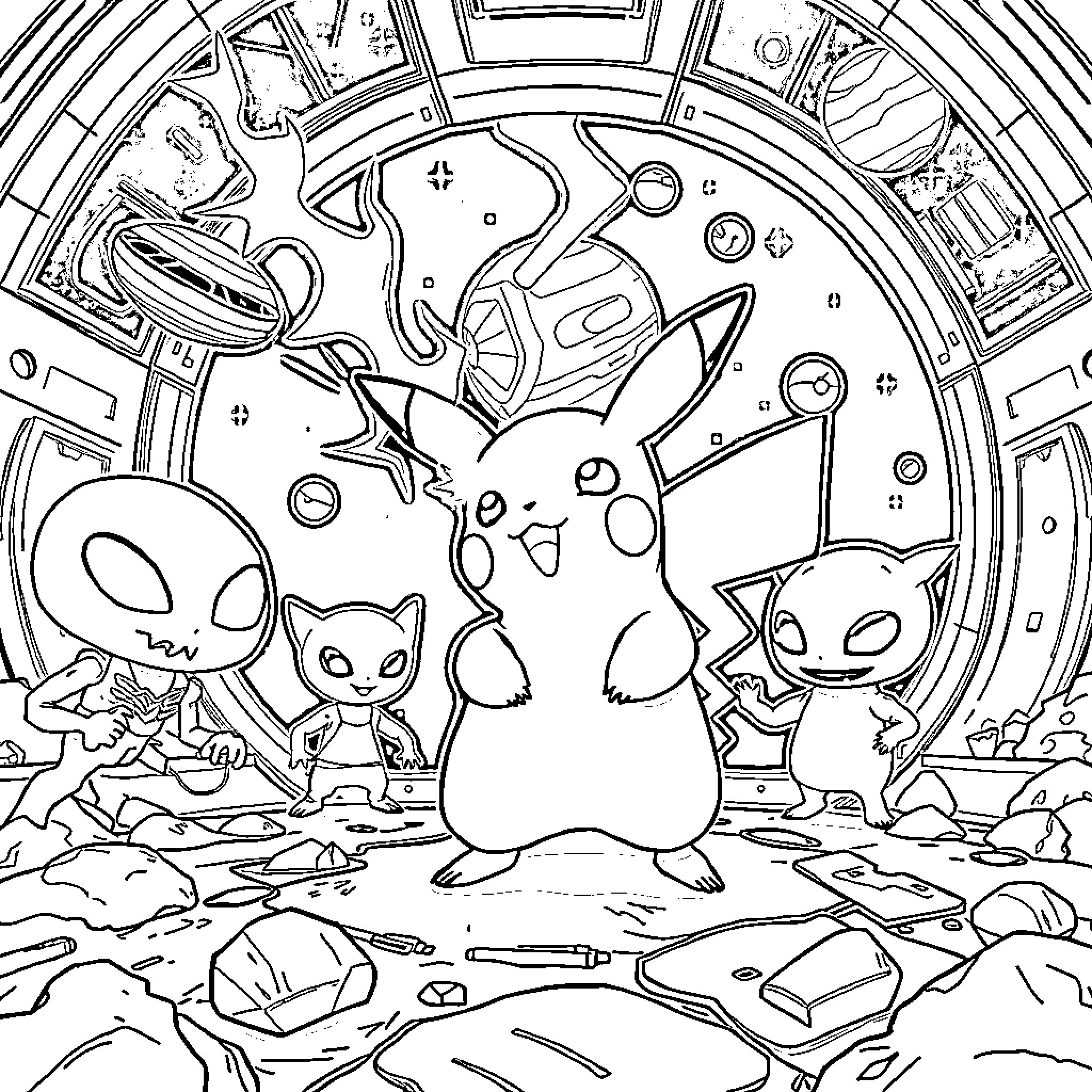 Pikachu and Friends in Cosmic Adventure Coloring Page (free black-and-white line drawing printable PDF for all, from beginners to advanced learners, including children, teens, adults, and seniors)
