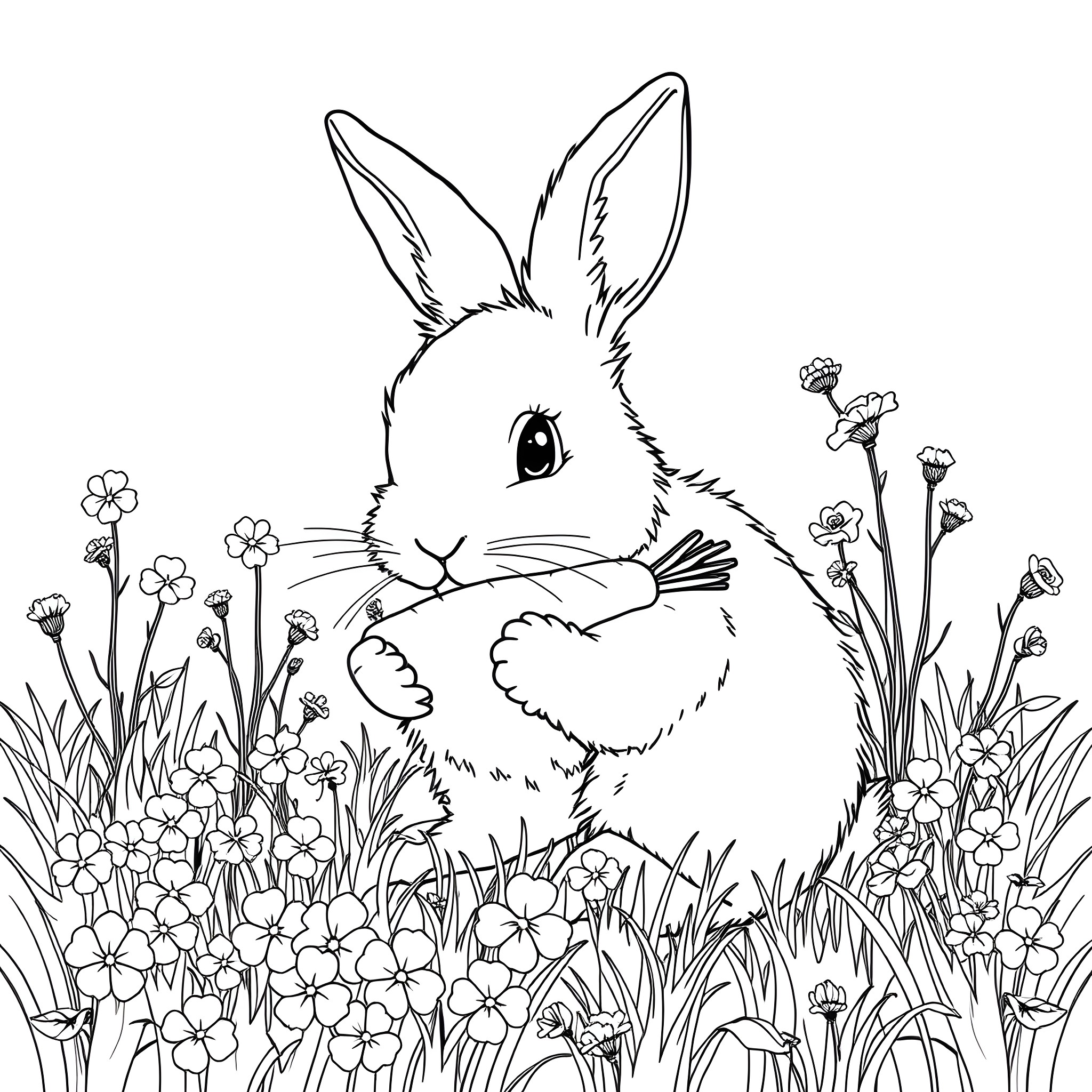 Rabbit sitting in a field of flowers Coloring Page (free black-and-white line drawing printable PDF for all, from beginners to advanced learners, including children, teens, adults, and seniors)