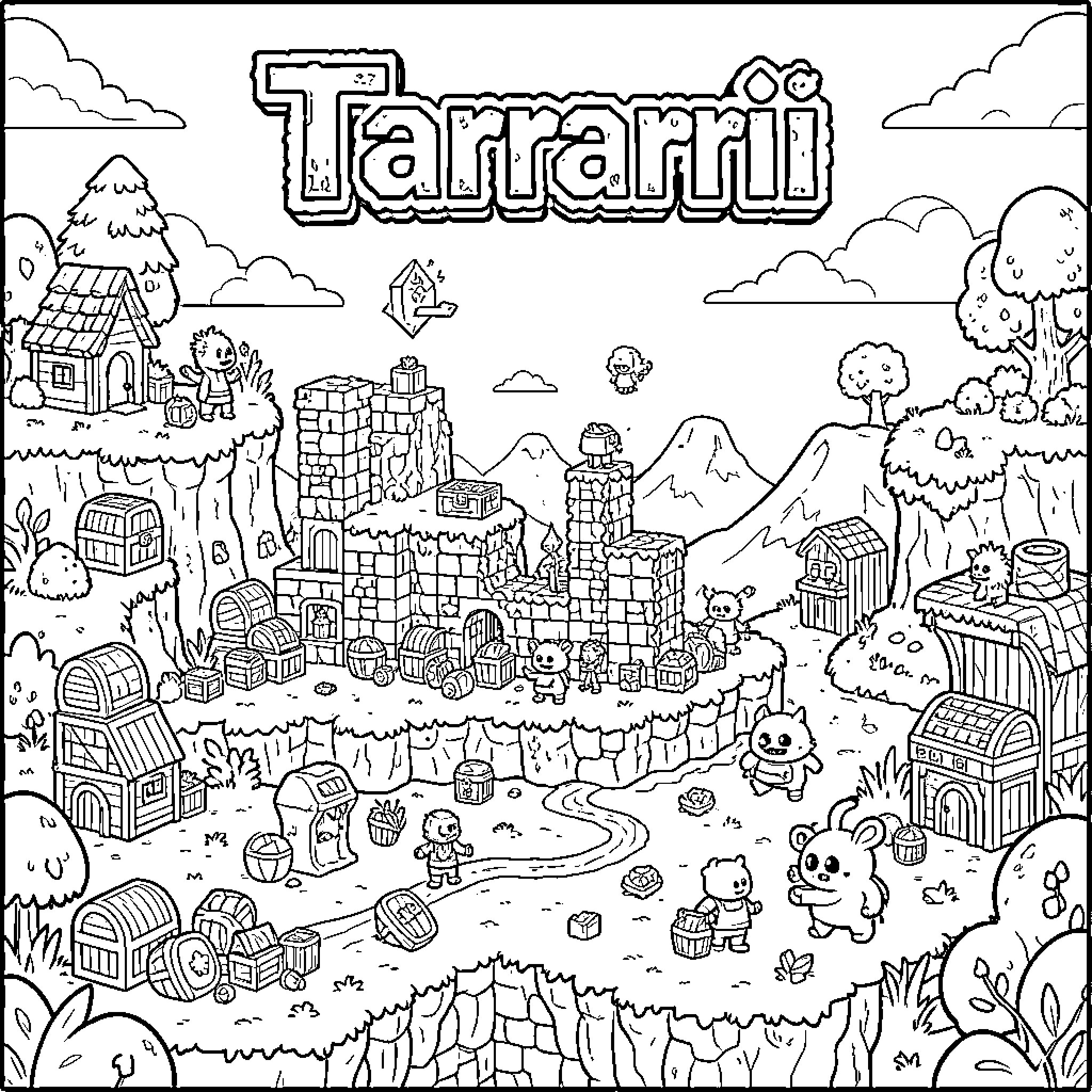 Terraria: Whimsical Pixel World with Diverse Structures Coloring Page (free black-and-white line drawing printable PDF for all, from beginners to advanced learners, including children, teens, adults, and seniors)