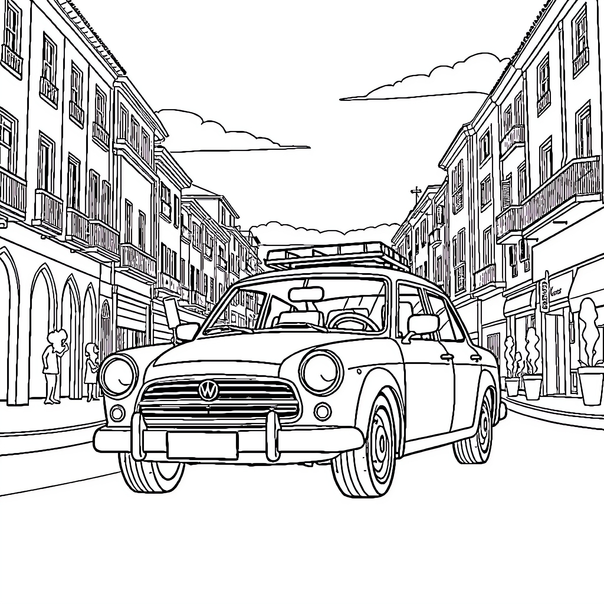 Car on a city street with buildings Coloring Page (free black-and-white line drawing printable PDF for all, from beginners to advanced learners, including children, teens, adults, and seniors)