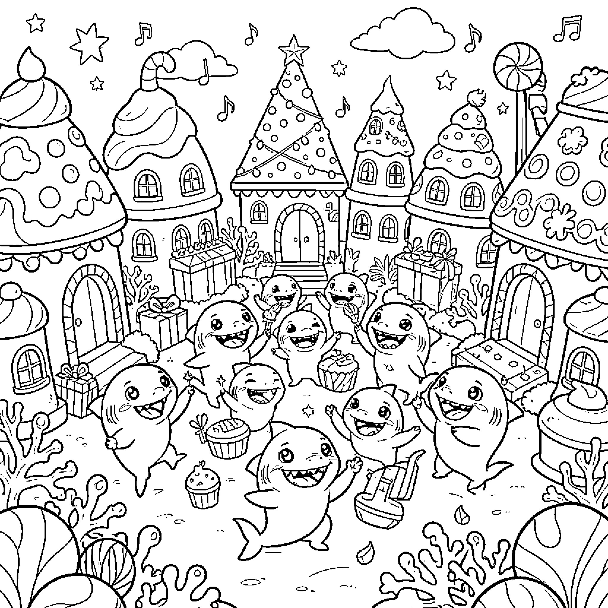 Shark characters celebrating a party in a whimsical village Coloring Page (free black-and-white line drawing printable PDF for all, from beginners to advanced learners, including children, teens, adults, and seniors)