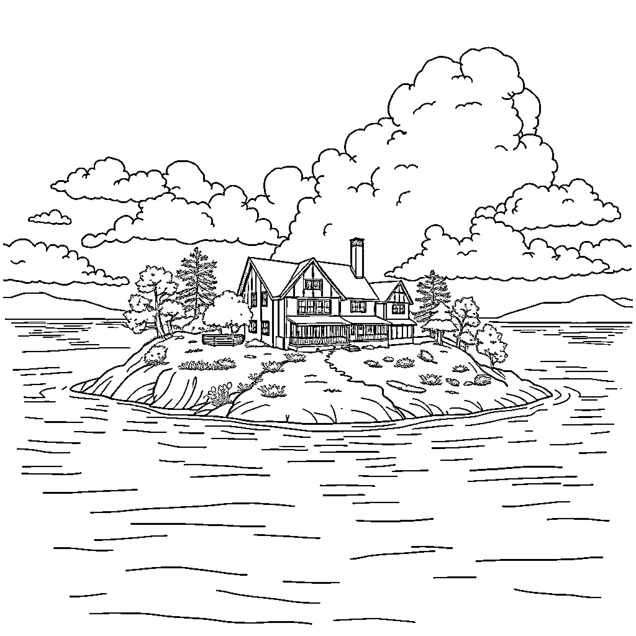 Household Scene with Lake and Houses Coloring Page (free black-and-white line drawing printable PDF for all, from beginners to advanced learners, including children, teens, adults, and seniors)