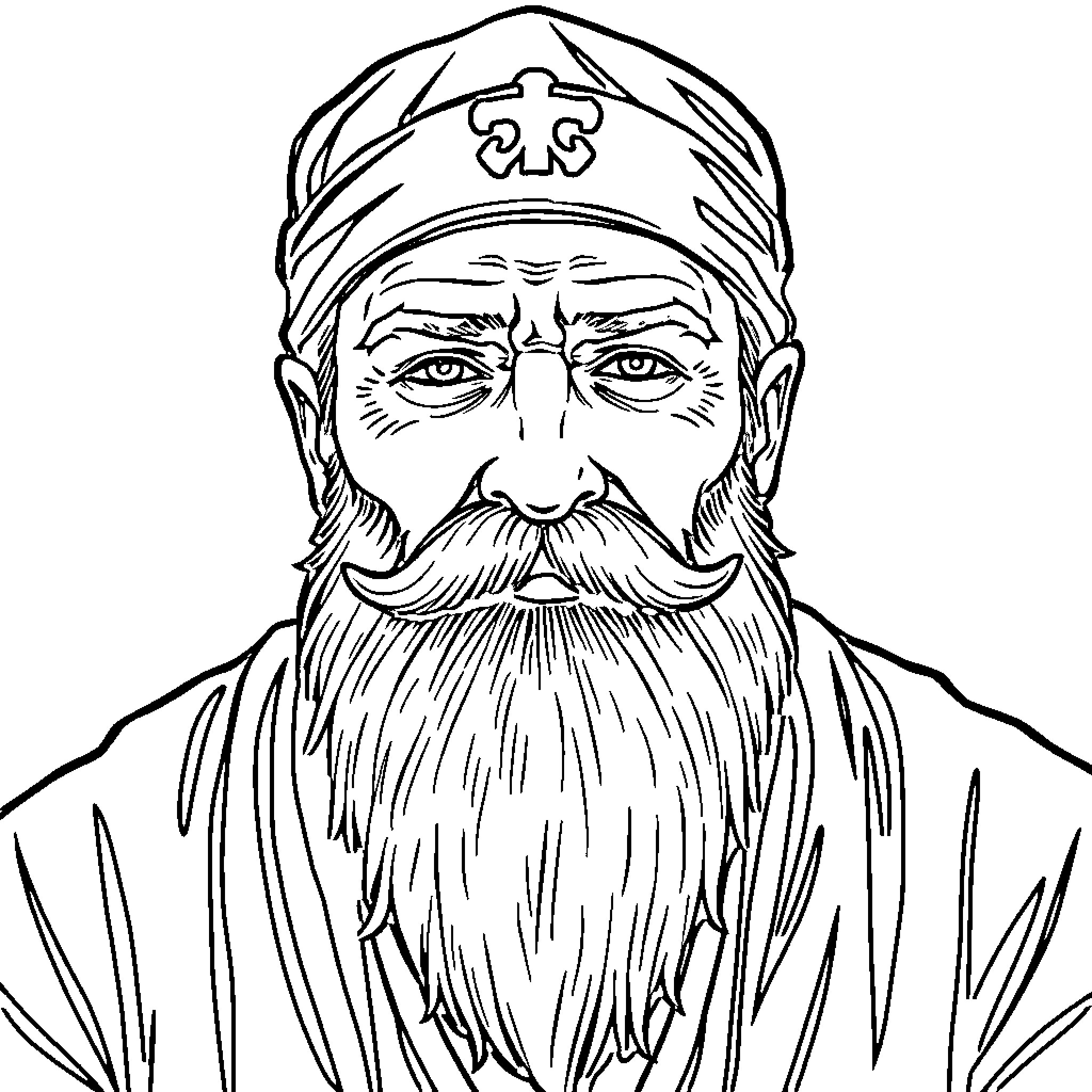 Man with Intense Gaze and Flowing Beard Coloring Page (free black-and-white line drawing printable PDF for all, from beginners to advanced learners, including children, teens, adults, and seniors)