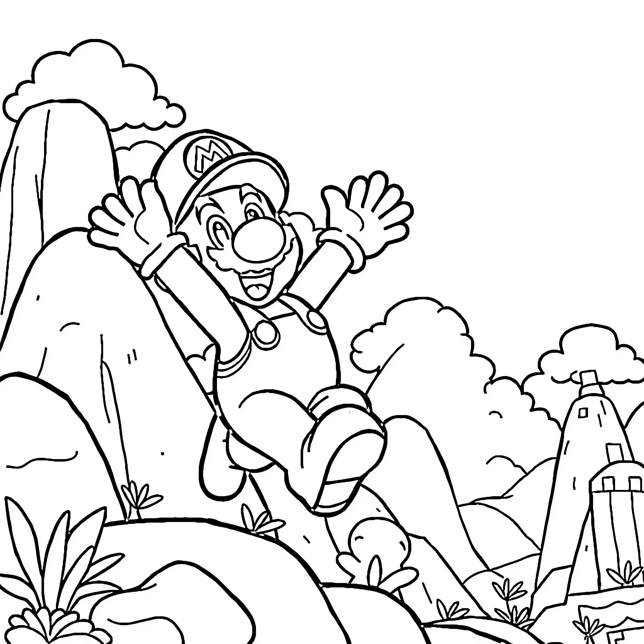 Super Mario jumping through a lush landscape Coloring Page (free black-and-white line drawing printable PDF for all, from beginners to advanced learners, including children, teens, adults, and seniors)
