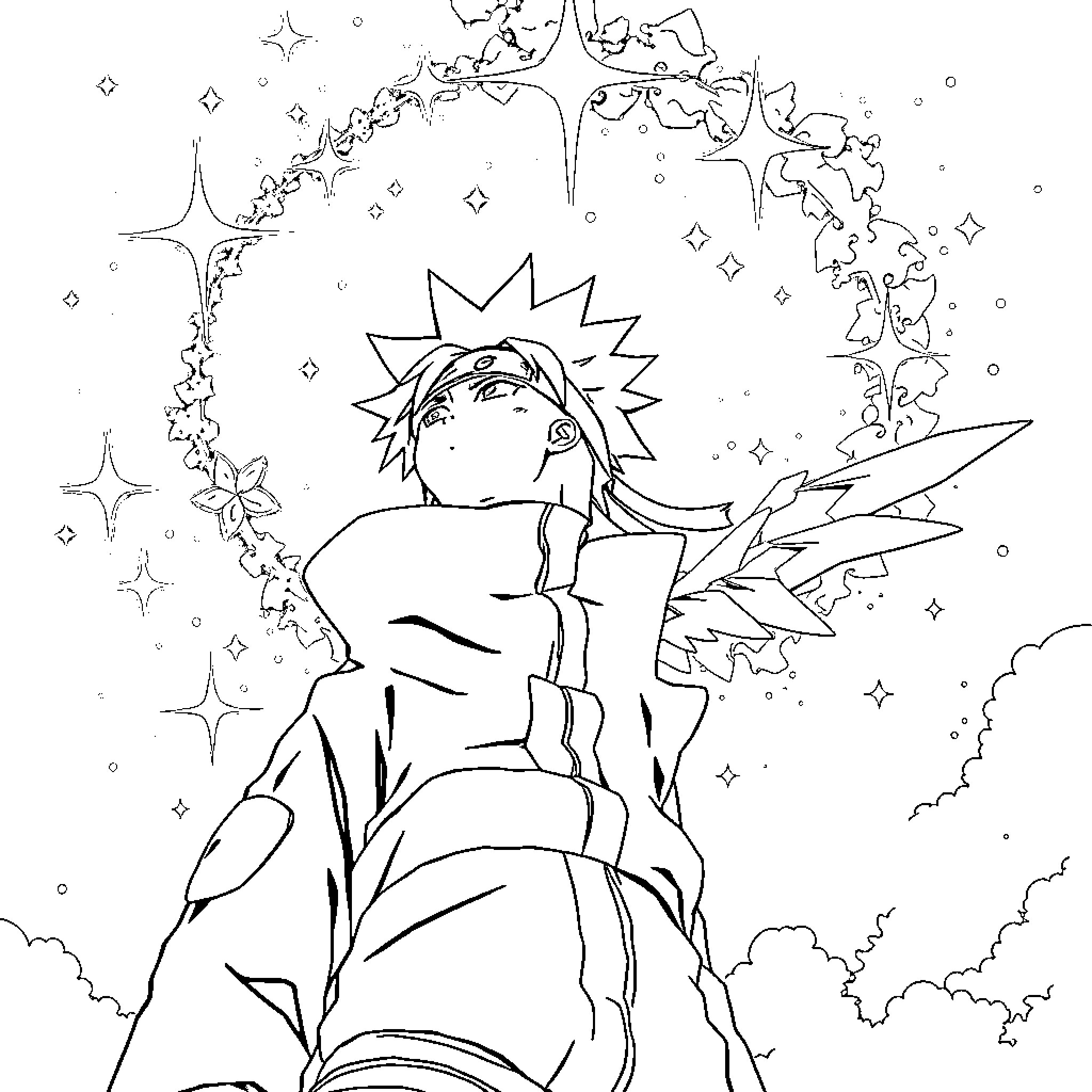 Naruto's Heroic Determination in the Starry Sky Coloring Page (free black-and-white line drawing printable PDF for all, from beginners to advanced learners, including children, teens, adults, and seniors)