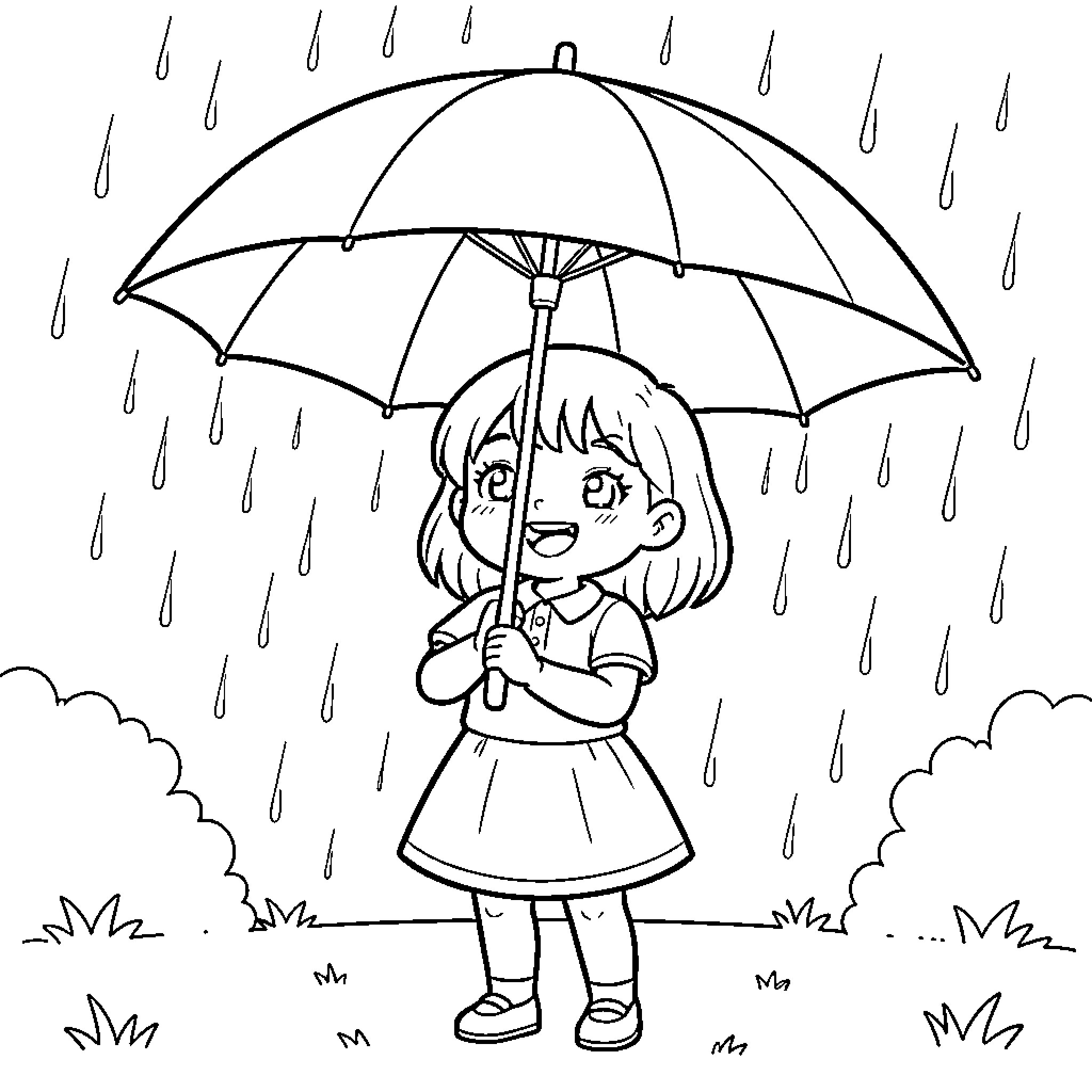 Girl walking in the rain with an umbrella Coloring Page (free black-and-white line drawing printable PDF for all, from beginners to advanced learners, including children, teens, adults, and seniors)
