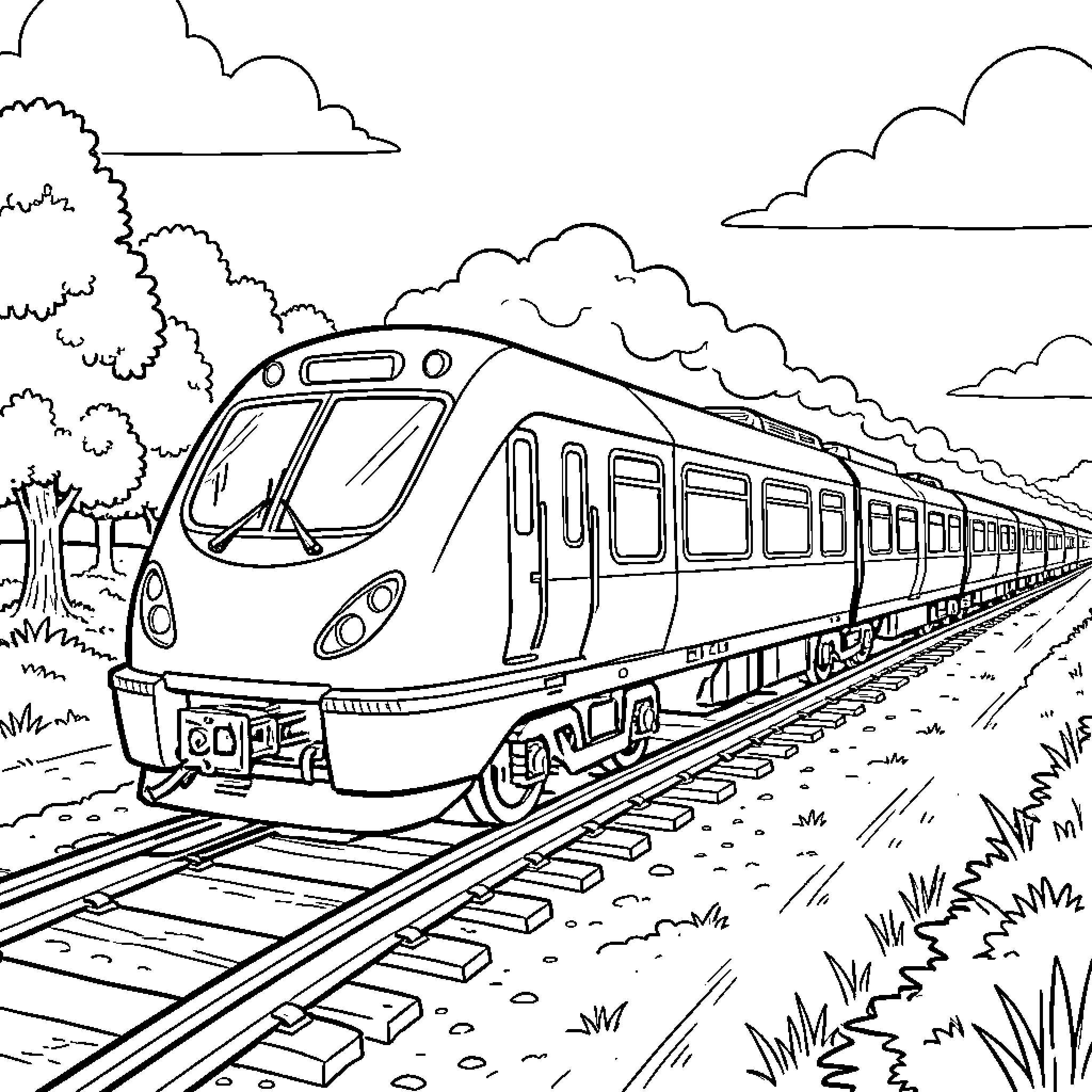 High-Speed Train traveling through a scenic landscape Coloring Page (free black-and-white line drawing printable PDF for all, from beginners to advanced learners, including children, teens, adults, and seniors)