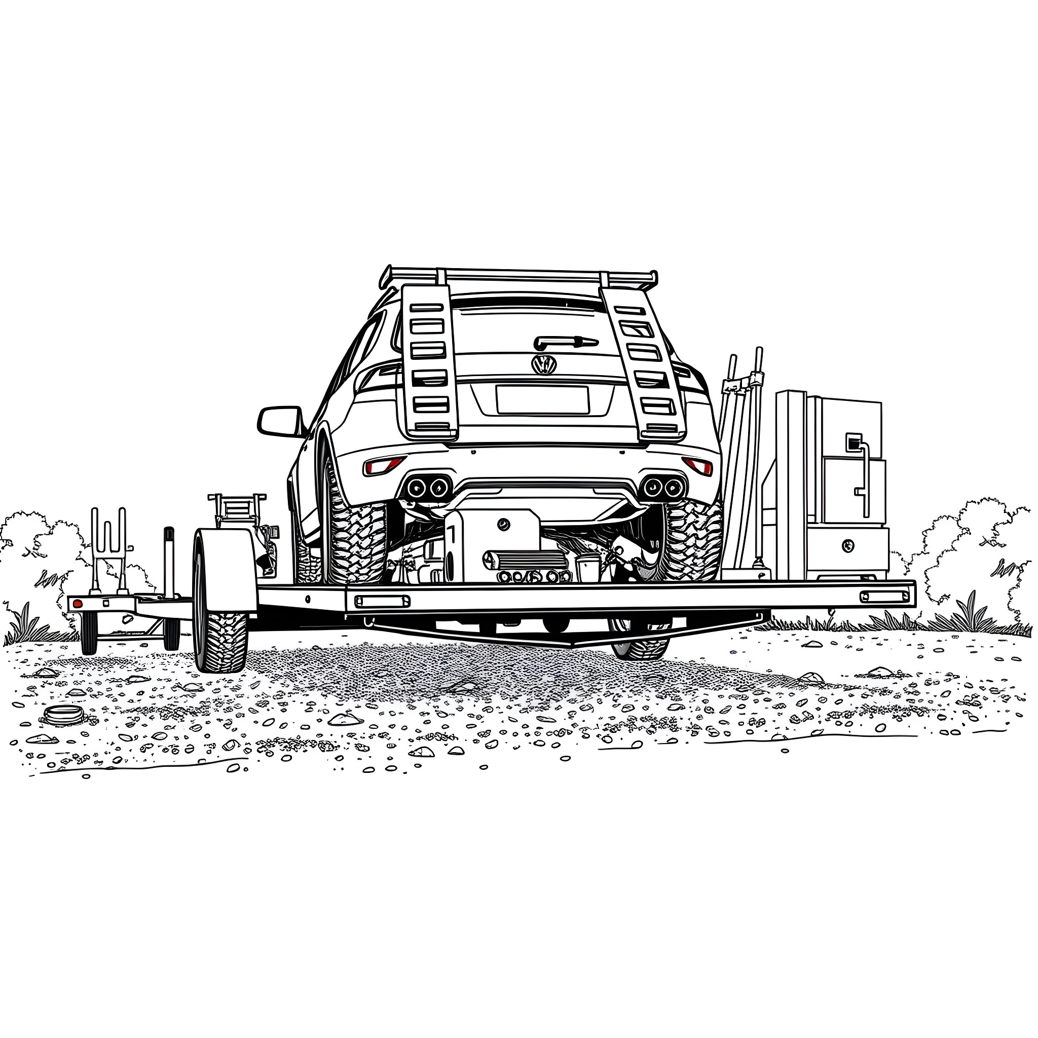 Car Trailer with Rugged Off-Road Vehicle Coloring Page (free black-and-white line drawing printable PDF for all, from beginners to advanced learners, including children, teens, adults, and seniors)