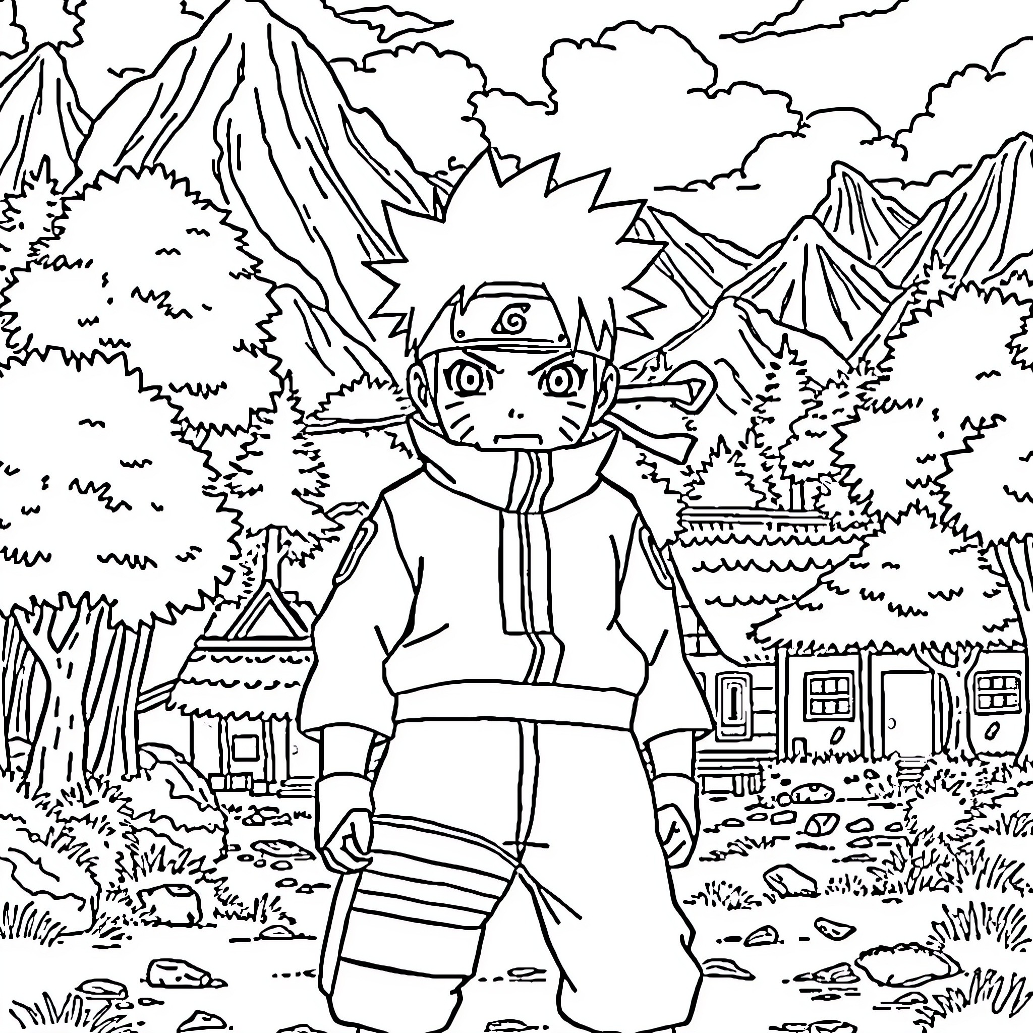 Naruto exploring the rugged landscape Coloring Page (free black-and-white line drawing printable PDF for all, from beginners to advanced learners, including children, teens, adults, and seniors)
