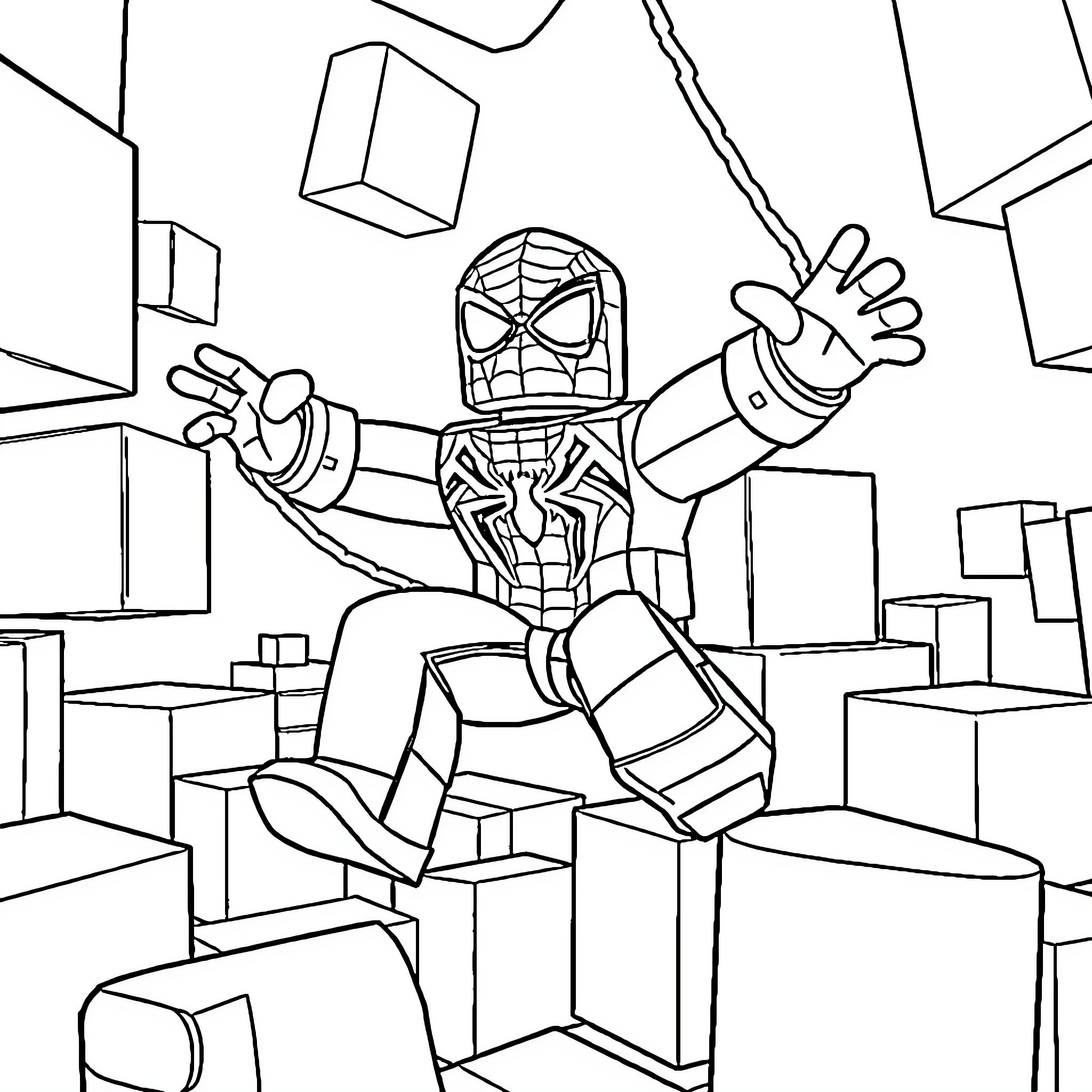 Spider-Man swinging through a cityscape Coloring Page (free black-and-white line drawing printable PDF for all, from beginners to advanced learners, including children, teens, adults, and seniors)