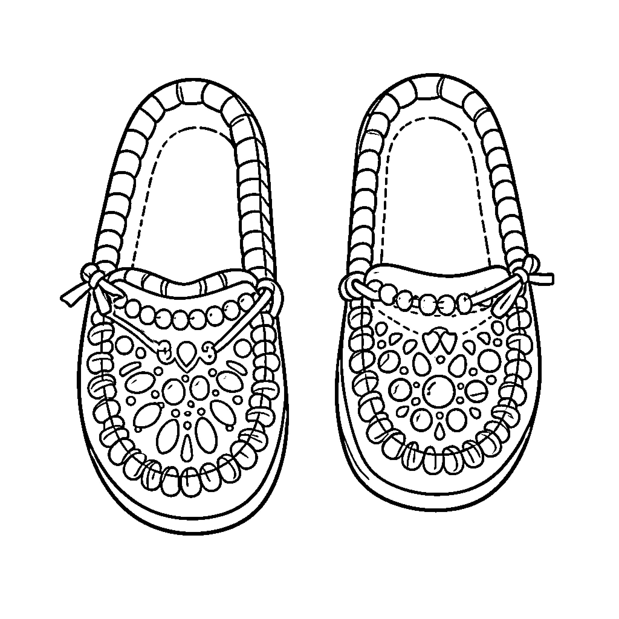 Moccasin-style shoes with intricate patterns Coloring Page (free black-and-white line drawing printable PDF for all, from beginners to advanced learners, including children, teens, adults, and seniors)