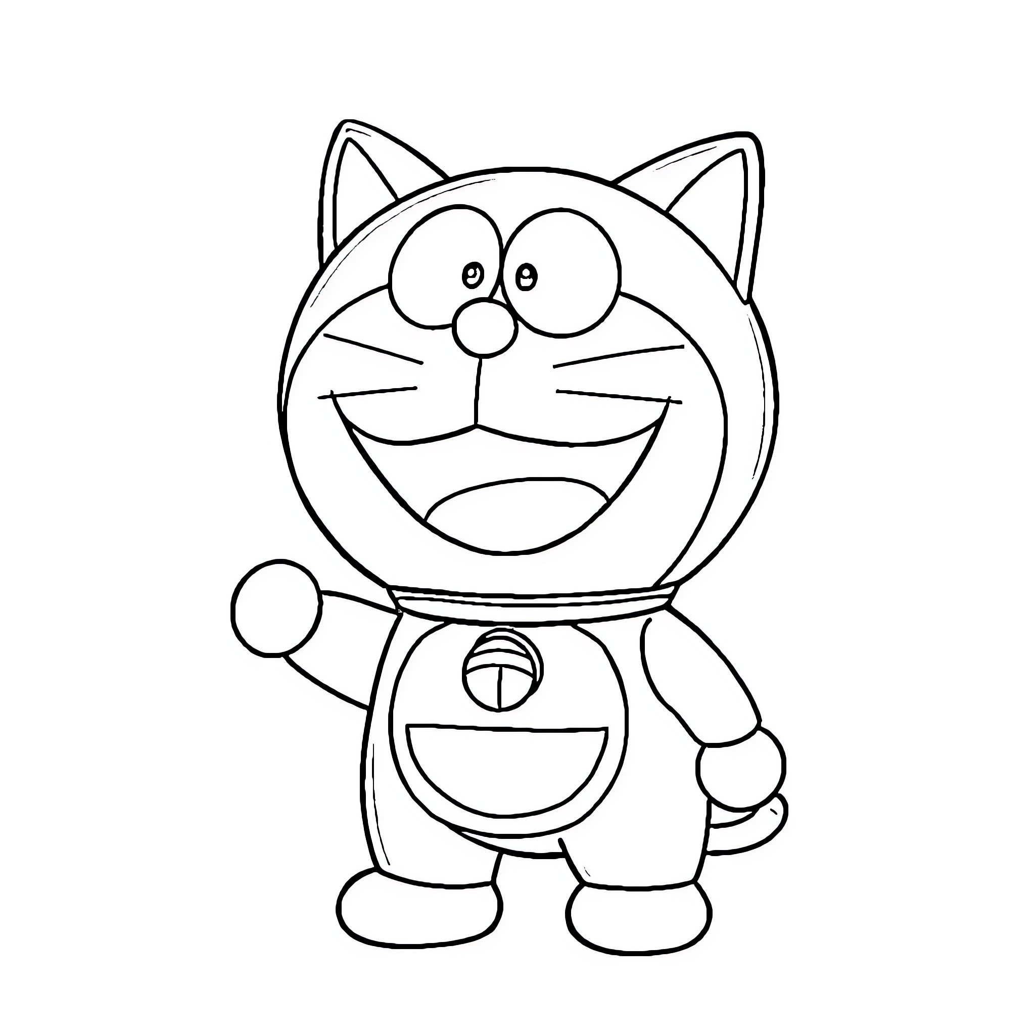 Doraemon smiling and waving cheerfully Coloring Page (free black-and-white line drawing printable PDF for all, from beginners to advanced learners, including children, teens, adults, and seniors)