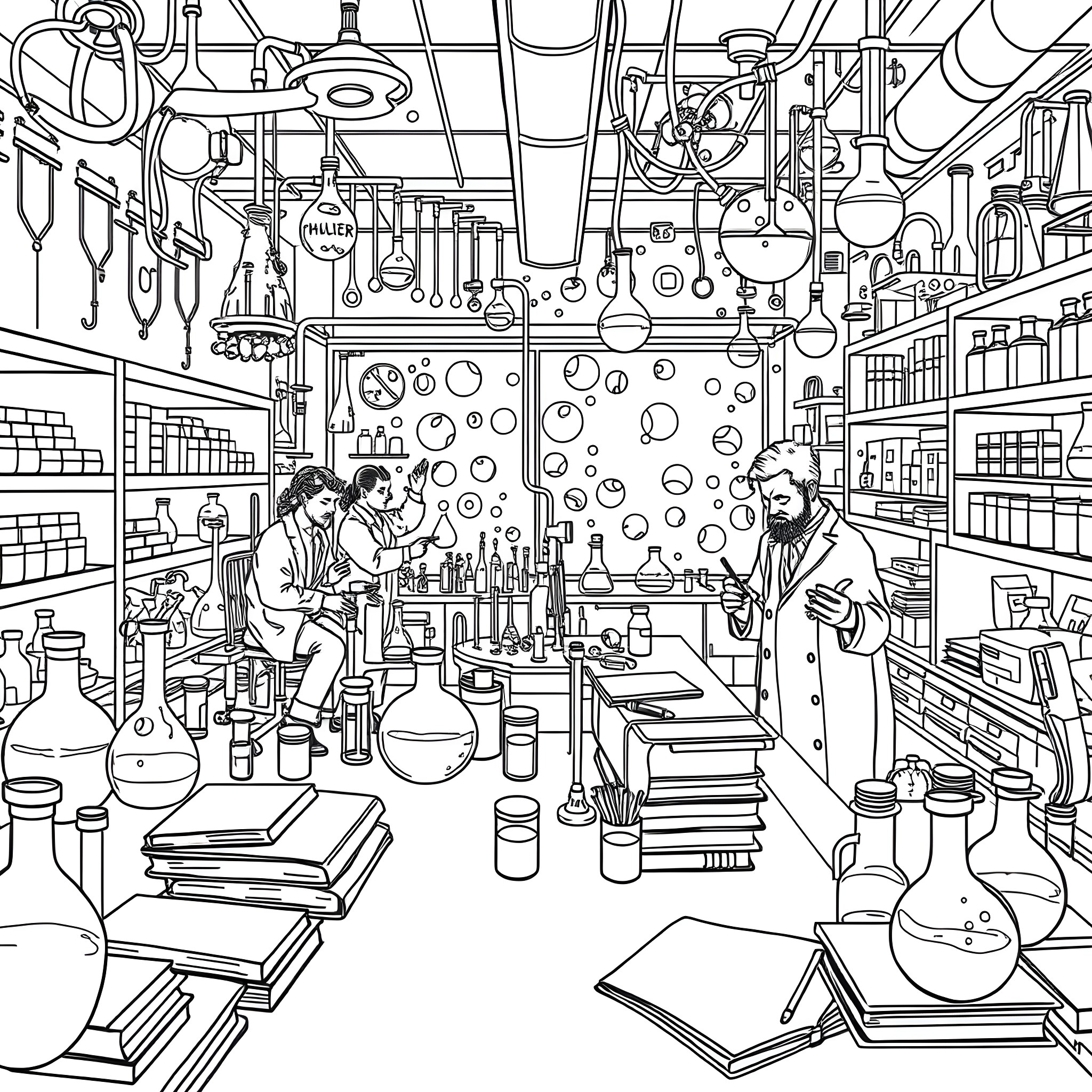 Chemistry Lab Bustling with Scientific Experiments Coloring Page (free black-and-white line drawing printable PDF for all, from beginners to advanced learners, including children, teens, adults, and seniors)