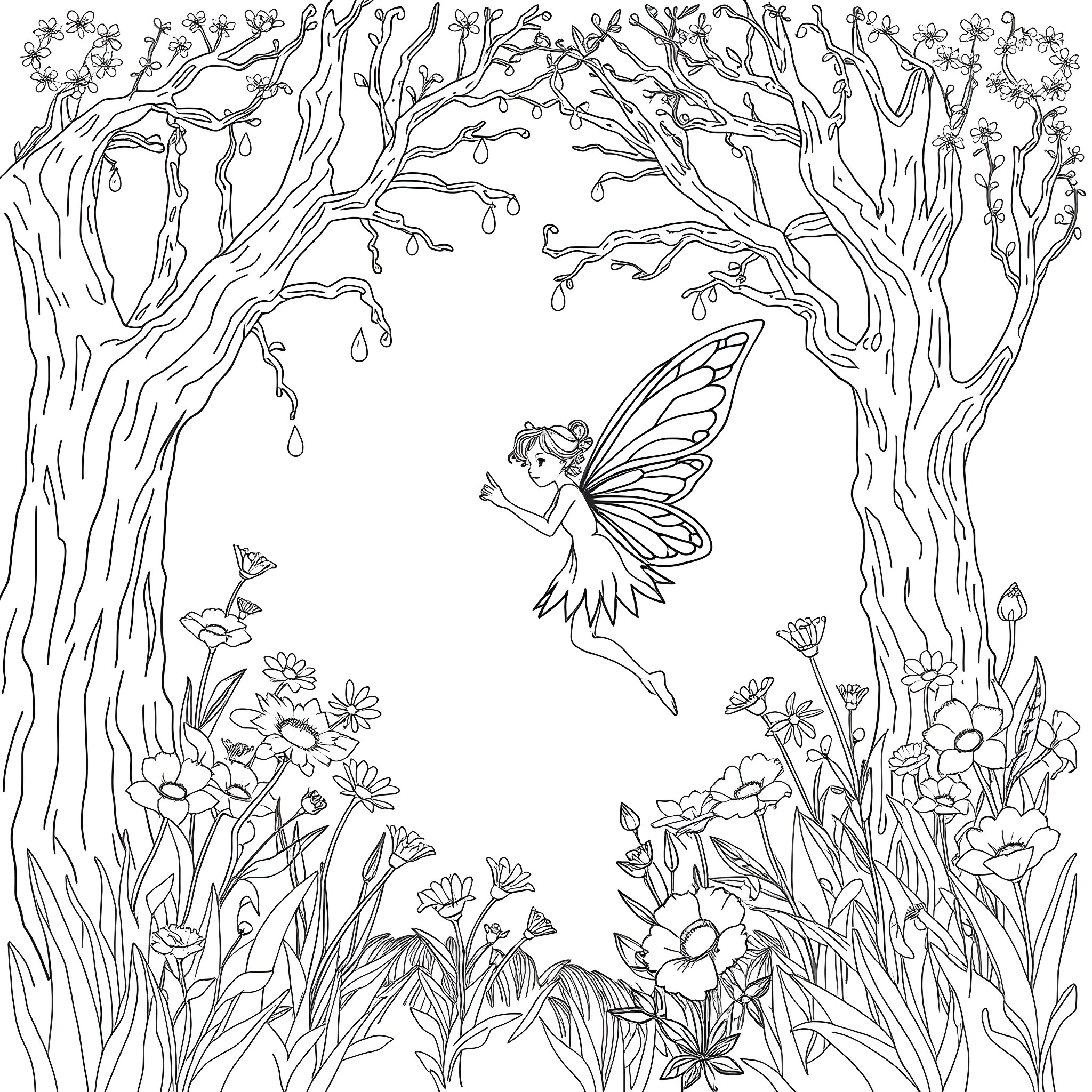 Fairy flying among the blossoming flowers in the enchanted forest Coloring Page (free black-and-white line drawing printable PDF for all, from beginners to advanced learners, including children, teens, adults, and seniors)