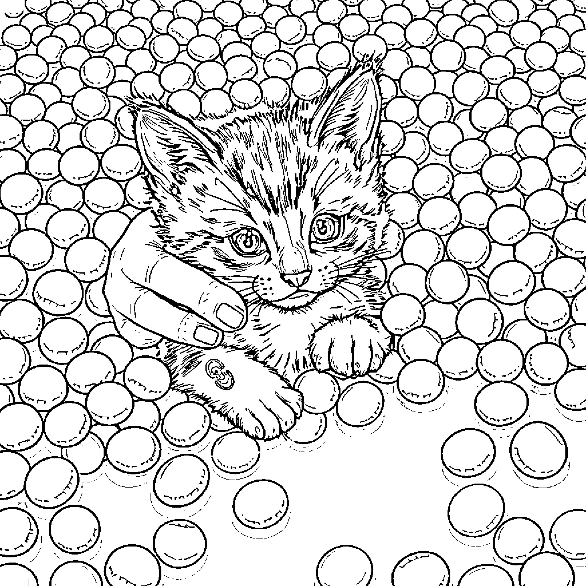 Travis Kelsey's Playful Kitten in Bubble Field Coloring Page (free black-and-white line drawing printable PDF for all, from beginners to advanced learners, including children, teens, adults, and seniors)