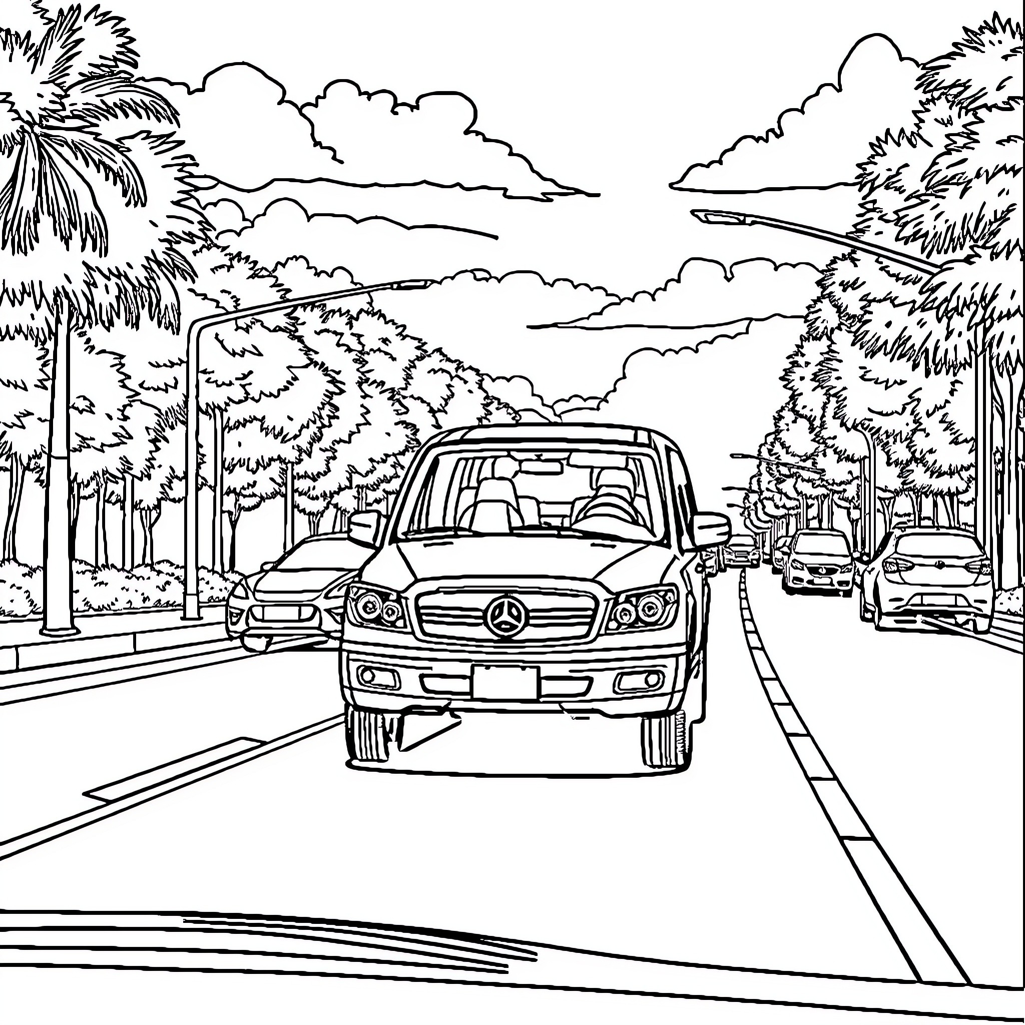Vehicle driving on a tropical road with palm trees Coloring Page (free black-and-white line drawing printable PDF for all, from beginners to advanced learners, including children, teens, adults, and seniors)