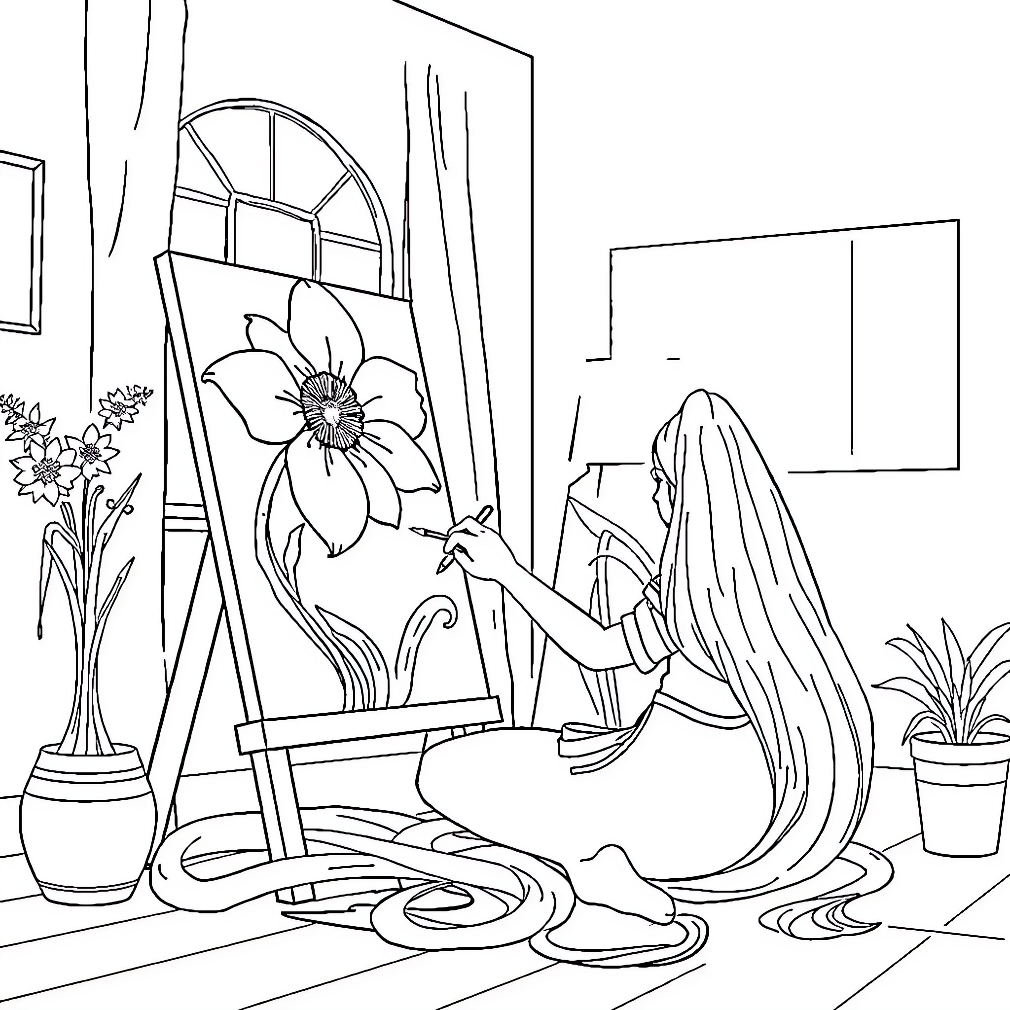 Rapunzel painting a vibrant flower on an easel Coloring Page (free black-and-white line drawing printable PDF for all, from beginners to advanced learners, including children, teens, adults, and seniors)
