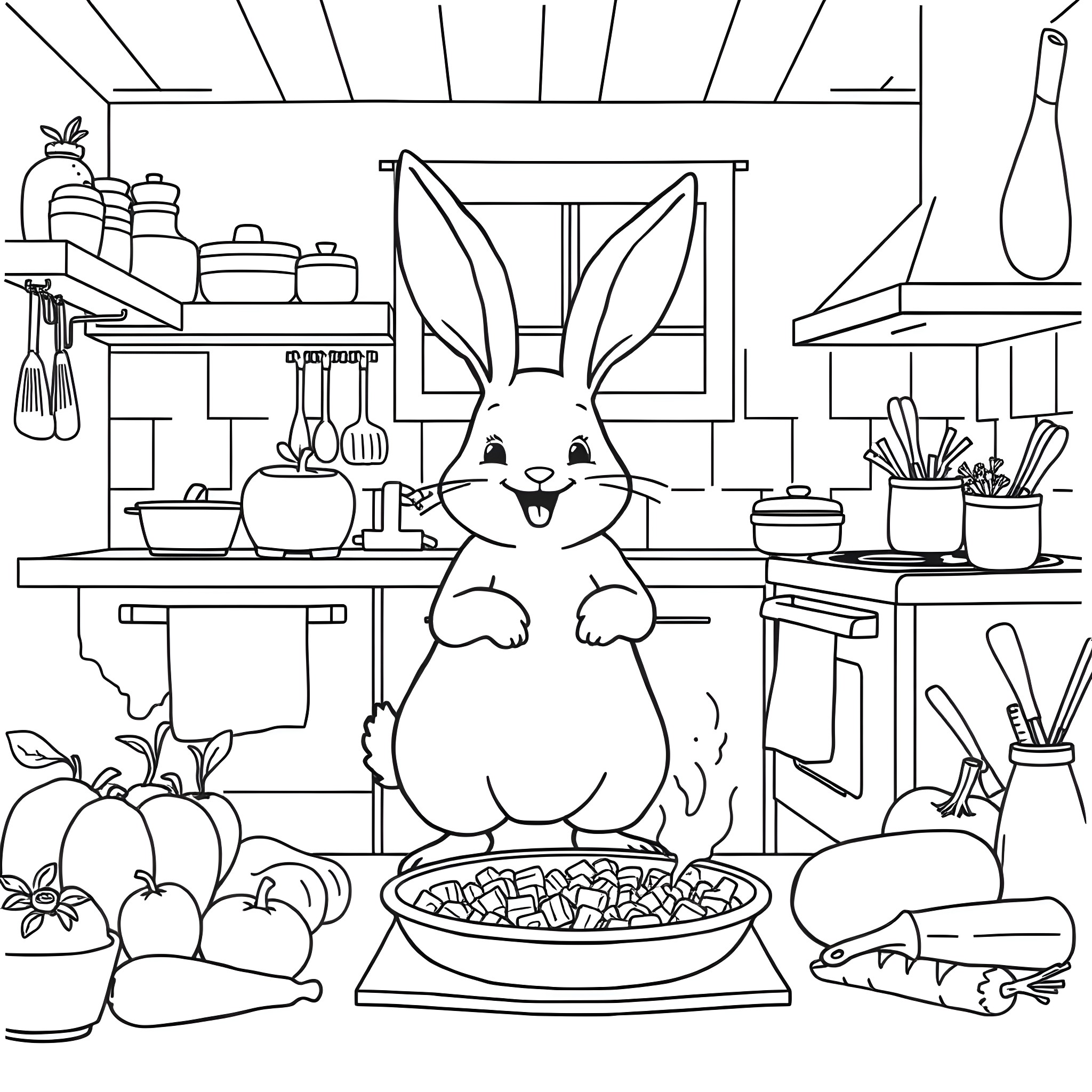 Bunny cooking and preparing food in the kitchen Coloring Page (free black-and-white line drawing printable PDF for all, from beginners to advanced learners, including children, teens, adults, and seniors)