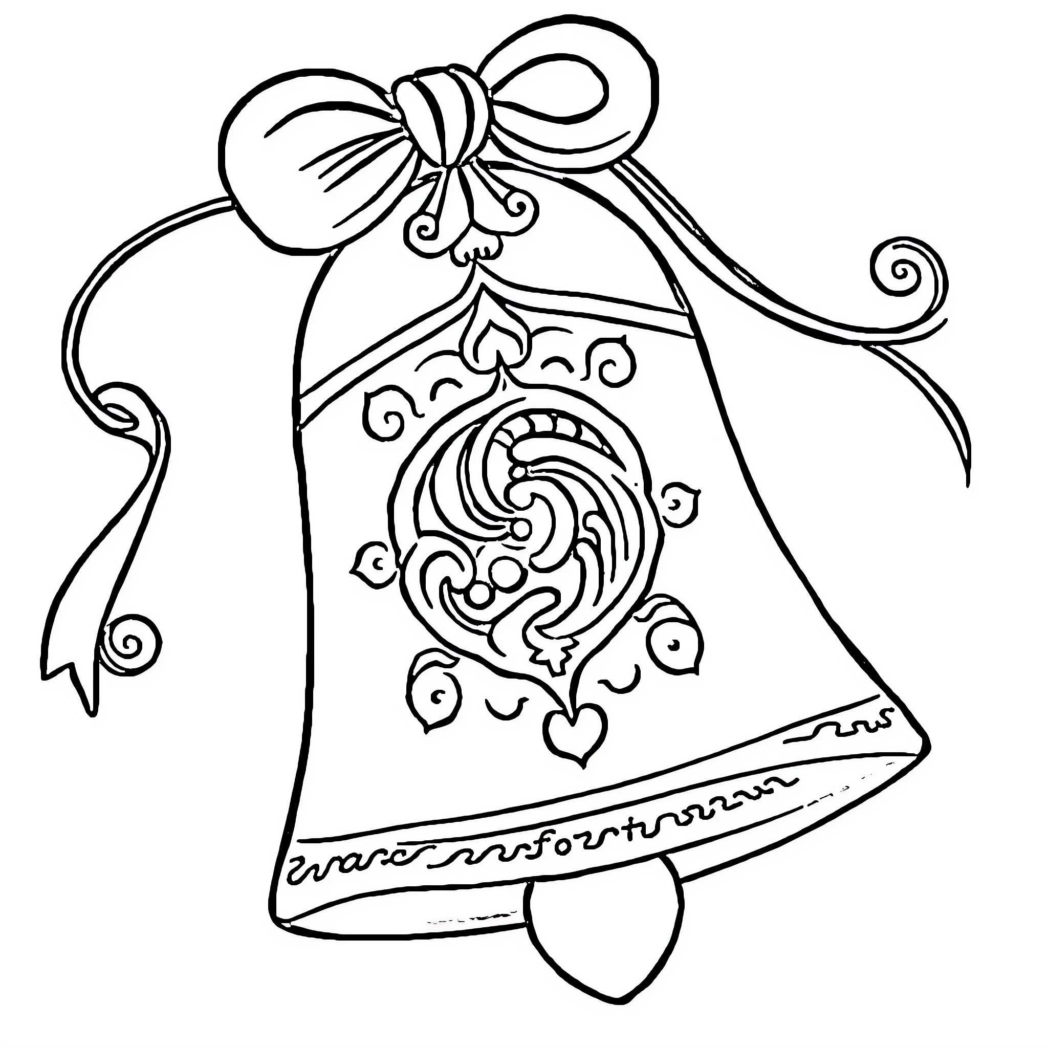 Bell with Ornate Bow and Swirling Patterns Coloring Page (free black-and-white line drawing printable PDF for all, from beginners to advanced learners, including children, teens, adults, and seniors)