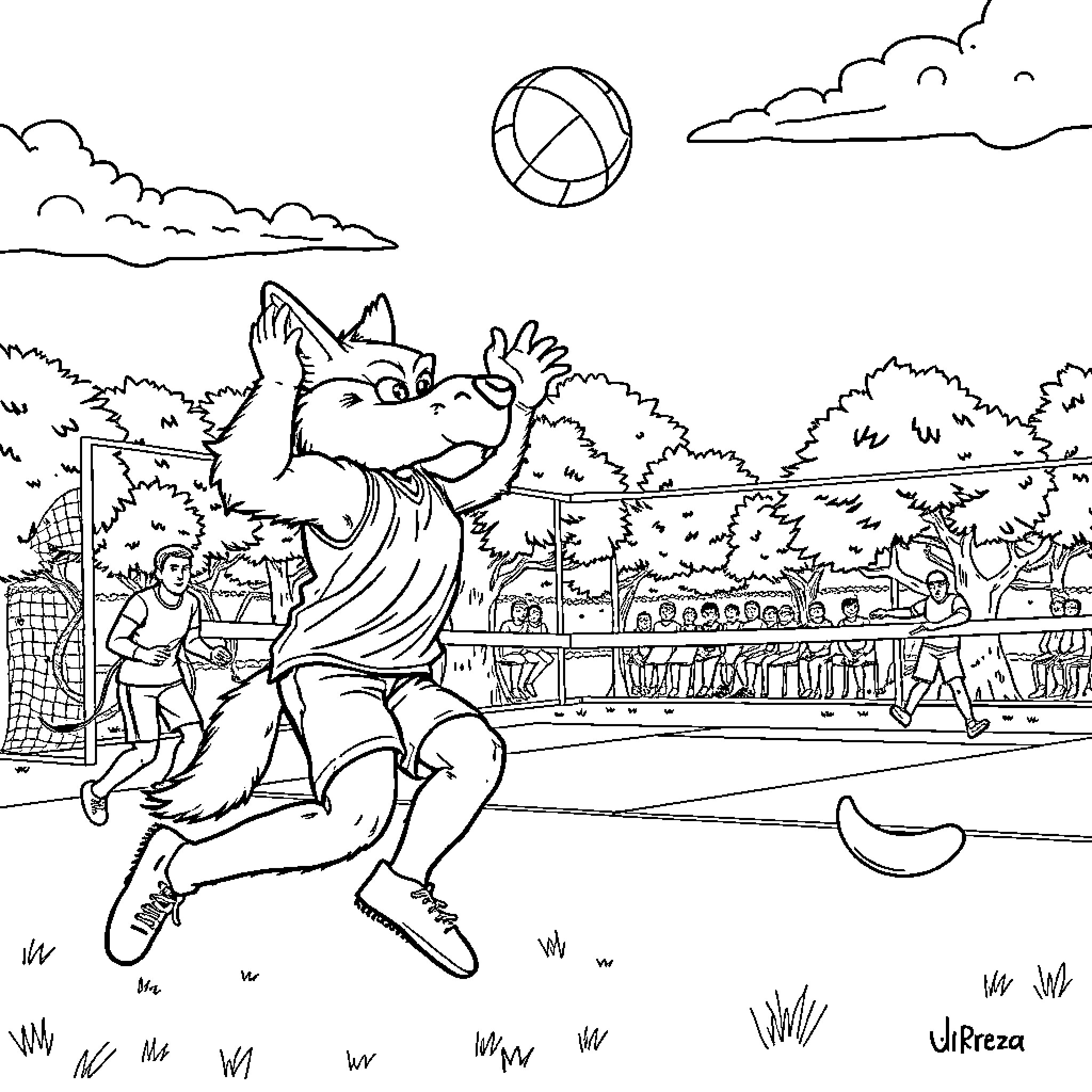 Huntrix Playful Canine Volleyball Match Coloring Page (free black-and-white line drawing printable PDF for all, from beginners to advanced learners, including children, teens, adults, and seniors)