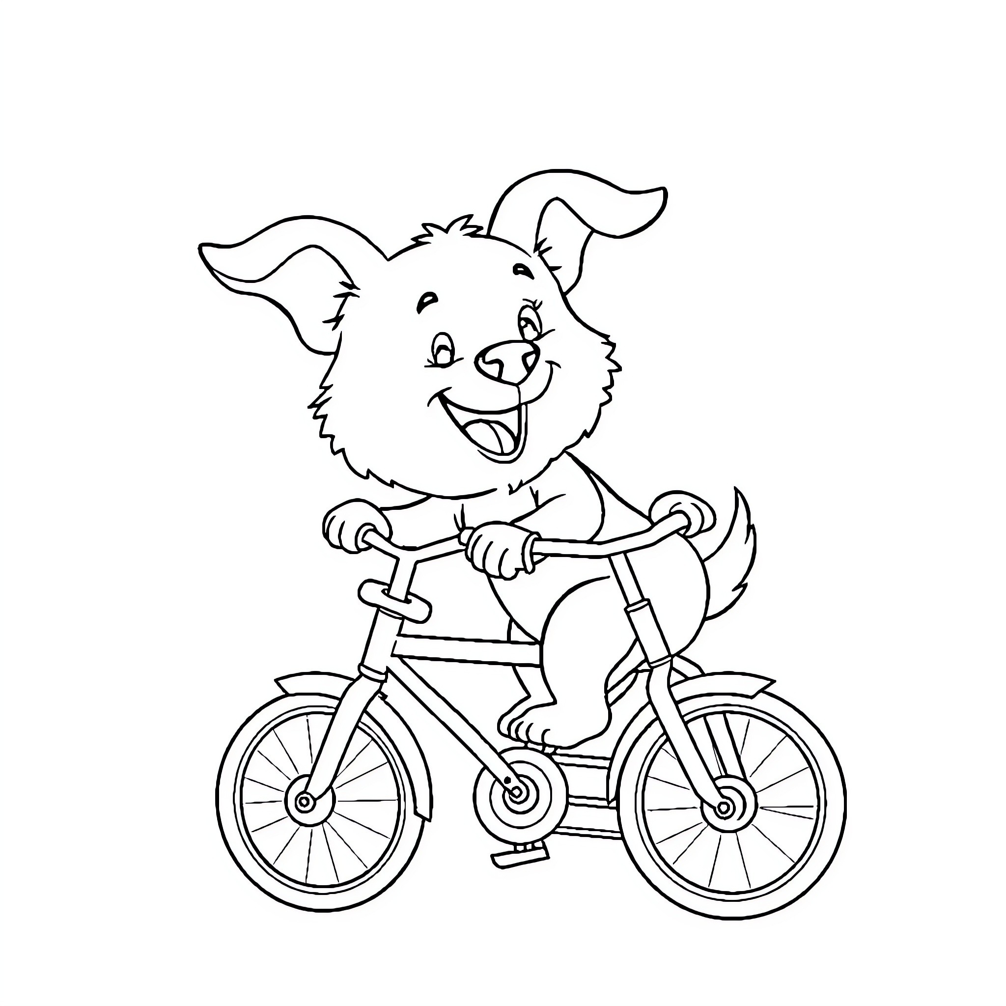 Dog riding a bicycle happily Coloring Page (free black-and-white line drawing printable PDF for all, from beginners to advanced learners, including children, teens, adults, and seniors)