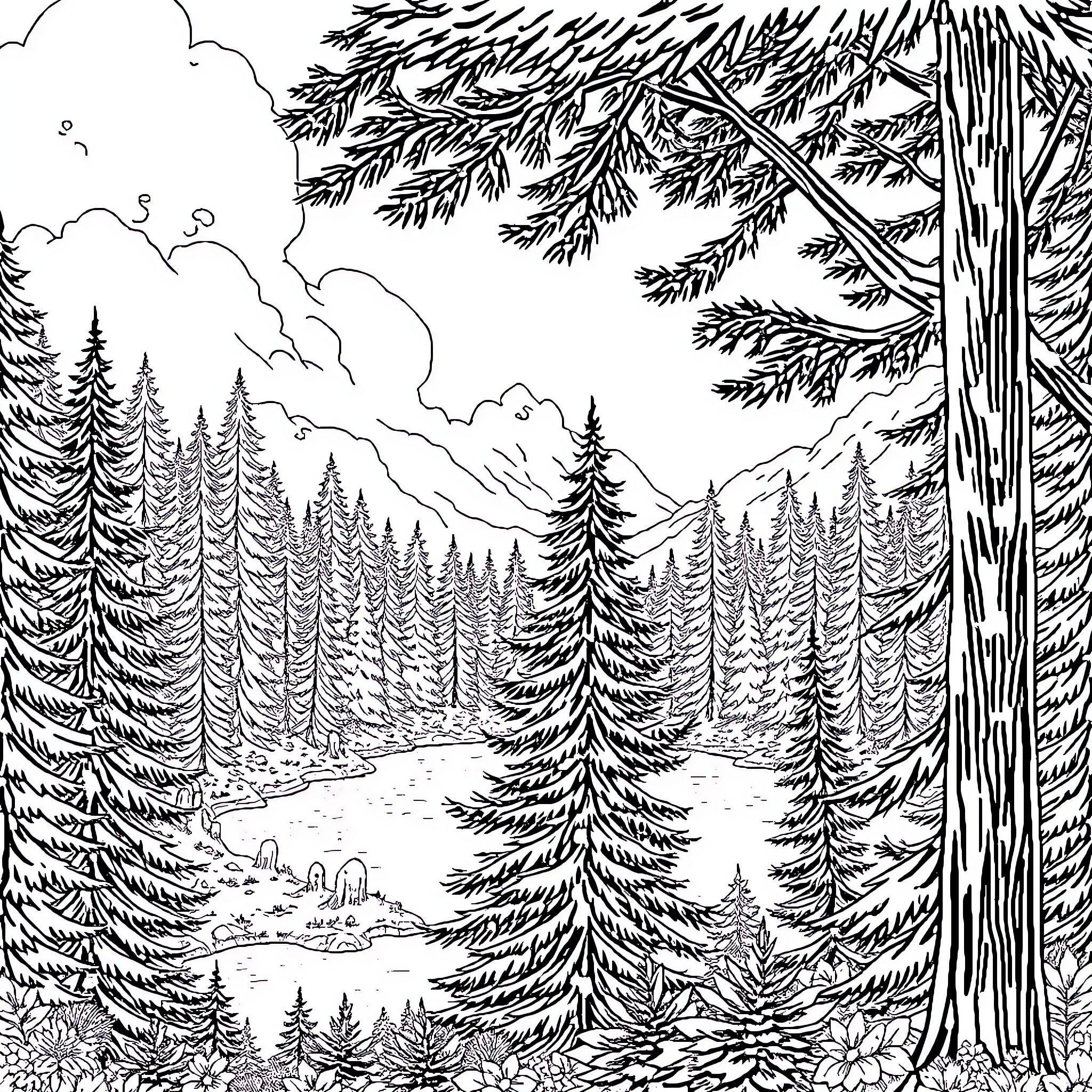 Bigfoot exploring the mysterious forest landscape Coloring Page (free black-and-white line drawing printable PDF for all, from beginners to advanced learners, including children, teens, adults, and seniors)