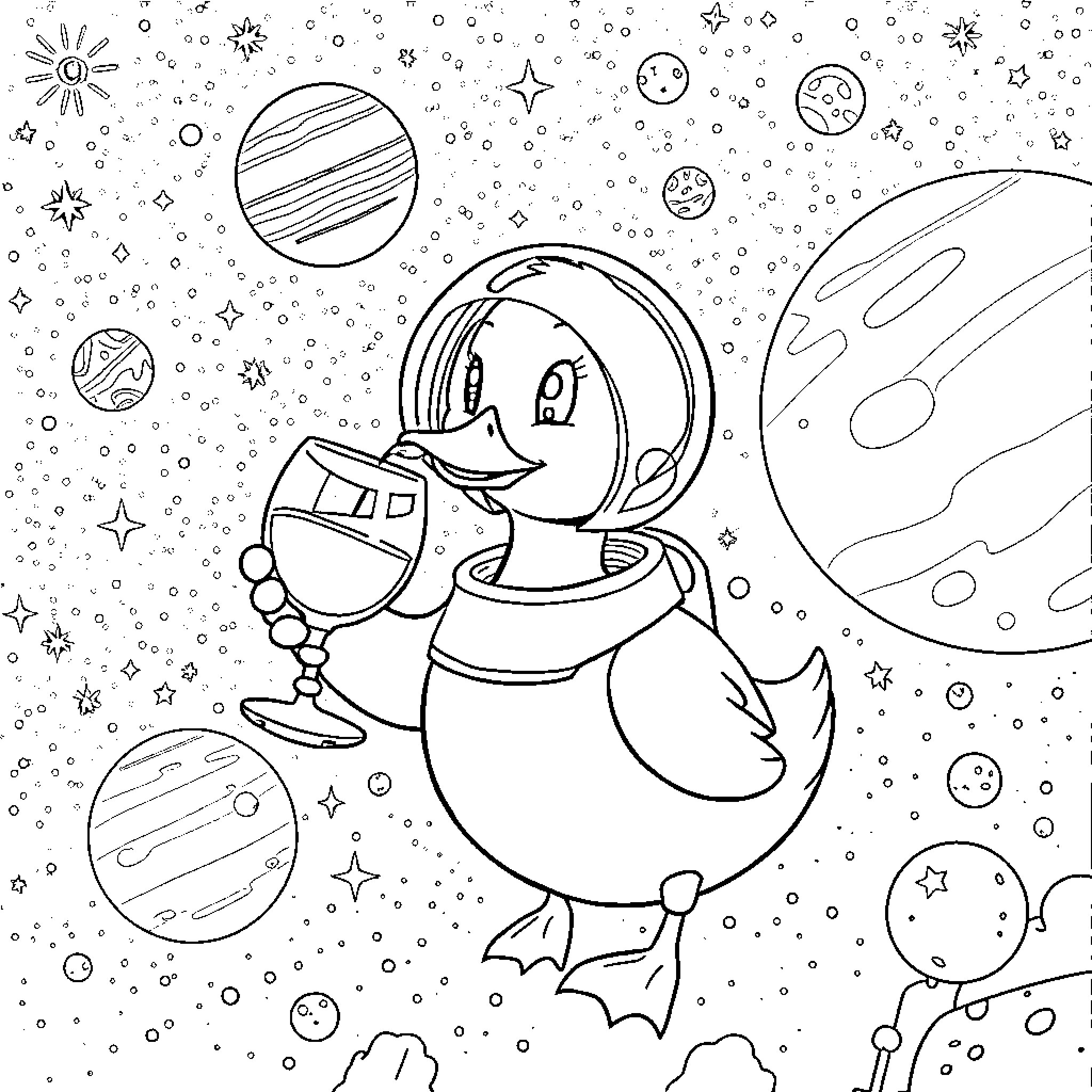 Duck enjoying a cosmic drink in space Coloring Page (free black-and-white line drawing printable PDF for all, from beginners to advanced learners, including children, teens, adults, and seniors)