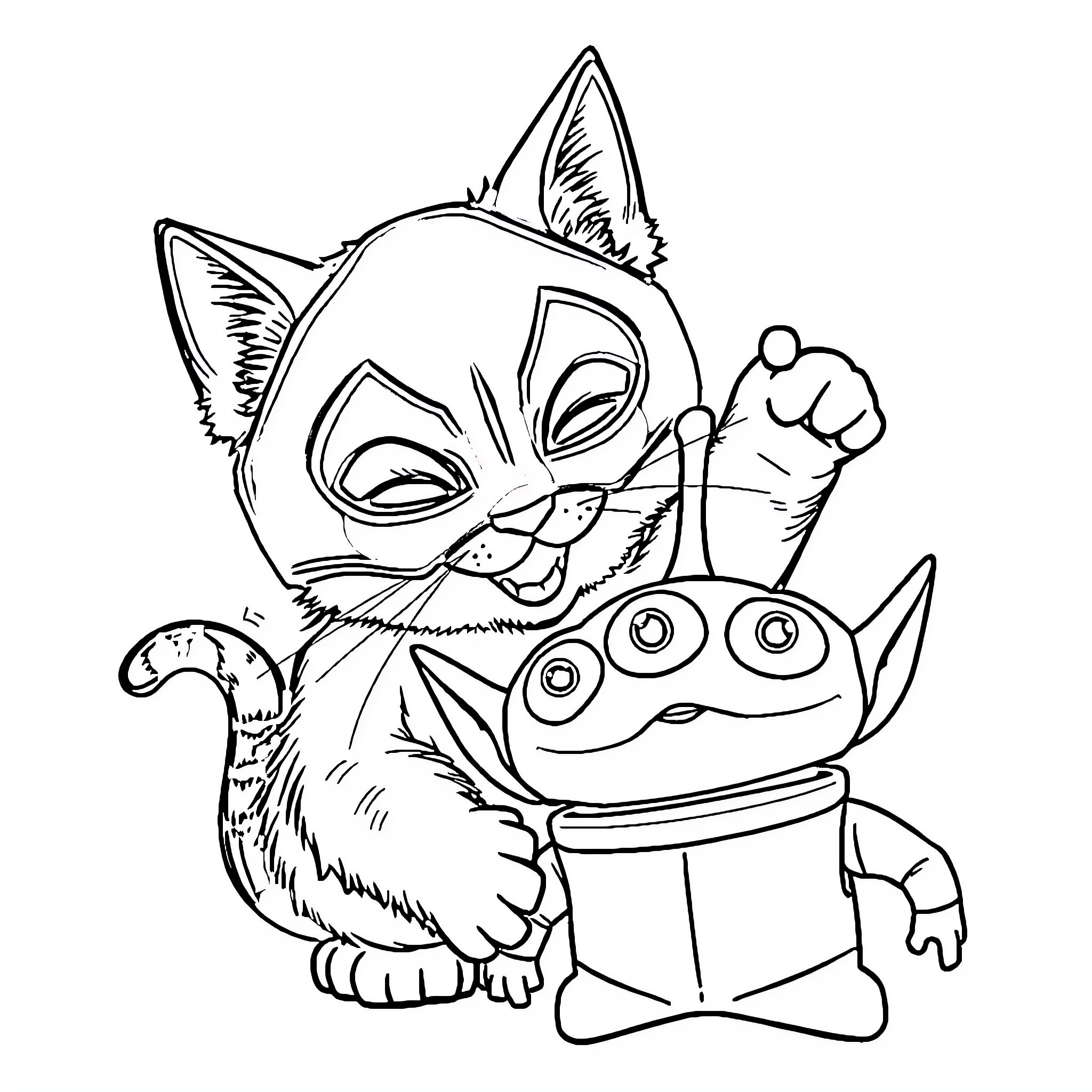 Cat holding a robot toy Coloring Page (free black-and-white line drawing printable PDF for all, from beginners to advanced learners, including children, teens, adults, and seniors)