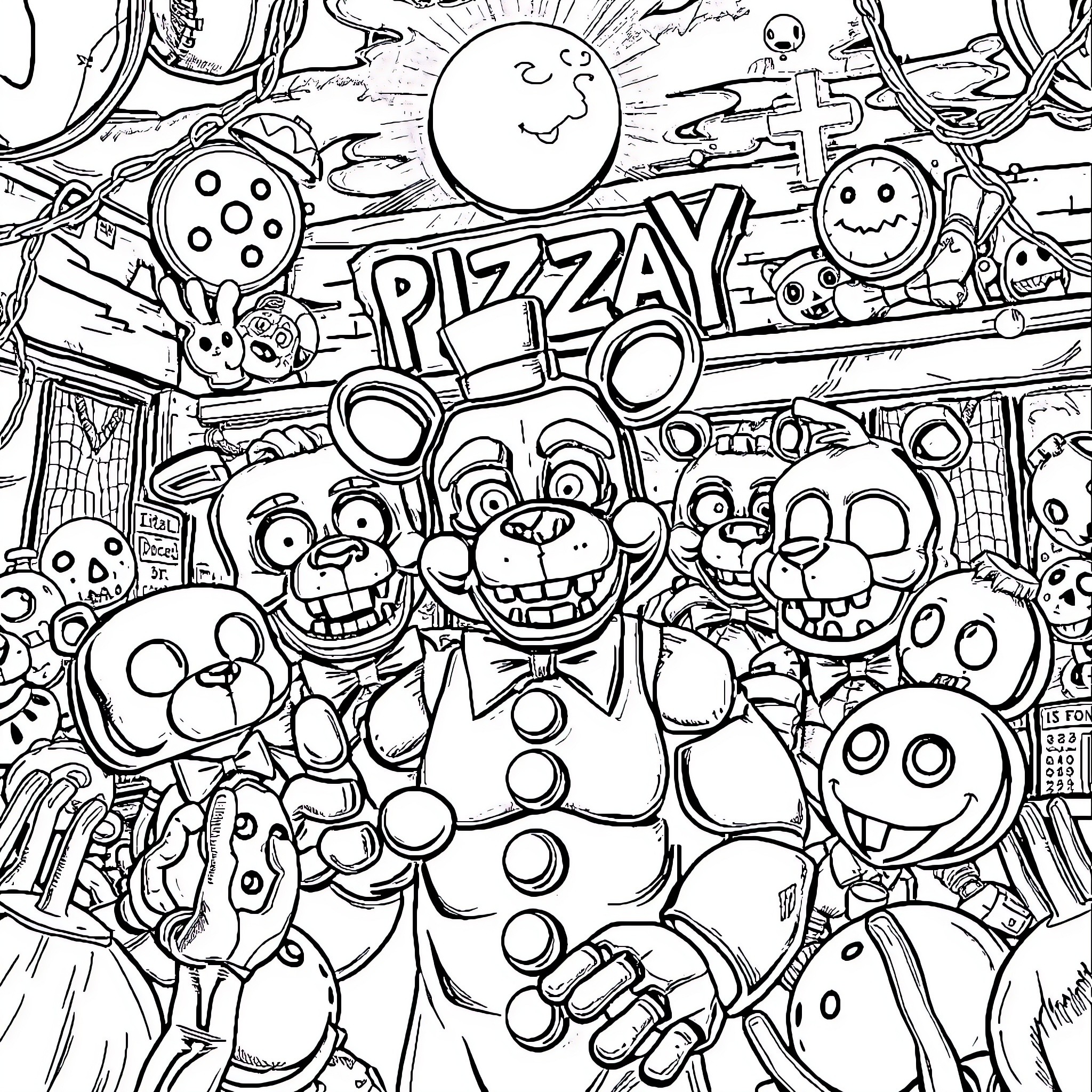 Five Nights At Freddy's - Animated Characters in Playful Chaos Coloring Page (free black-and-white line drawing printable PDF for all, from beginners to advanced learners, including children, teens, adults, and seniors)