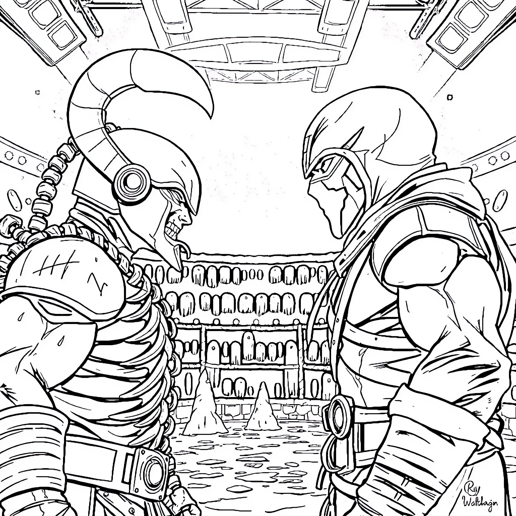 Scorpion Fighters Clash in Futuristic Battleground Coloring Page (free black-and-white line drawing printable PDF for all, from beginners to advanced learners, including children, teens, adults, and seniors)