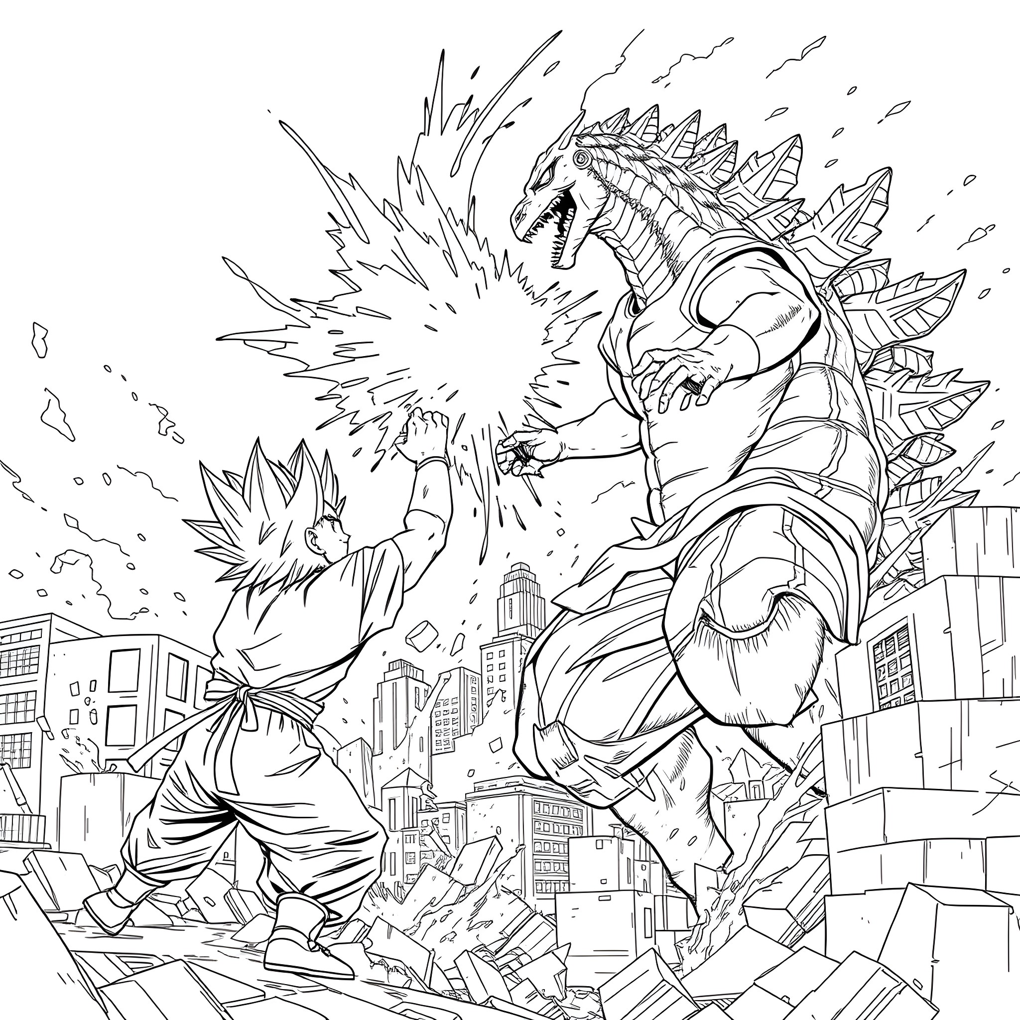 Godzilla rampaging through the city Coloring Page (free black-and-white line drawing printable PDF for all, from beginners to advanced learners, including children, teens, adults, and seniors)