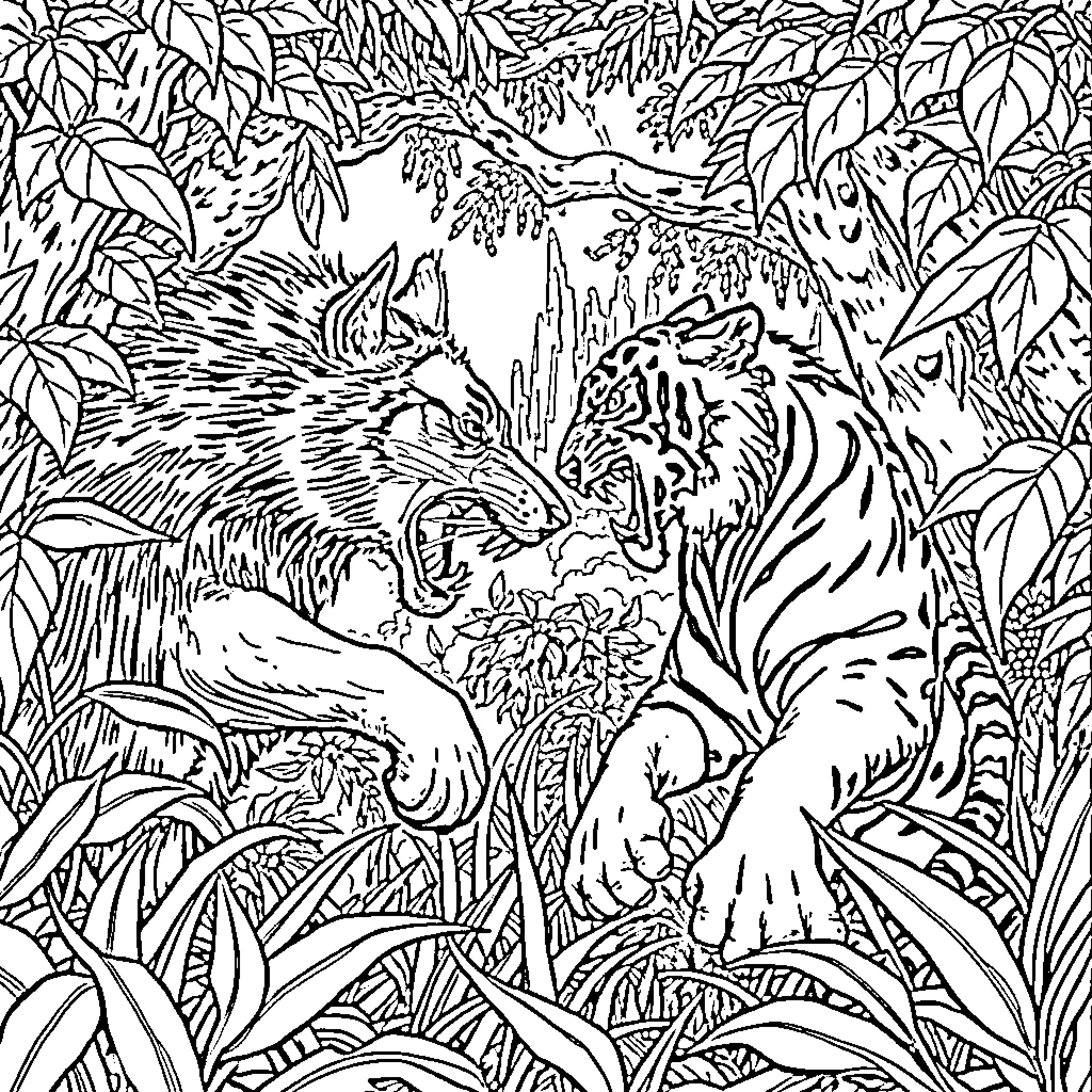 Wolf Encounters: Fierce Predators in the Lush Jungle Coloring Page (free black-and-white line drawing printable PDF for all, from beginners to advanced learners, including children, teens, adults, and seniors)