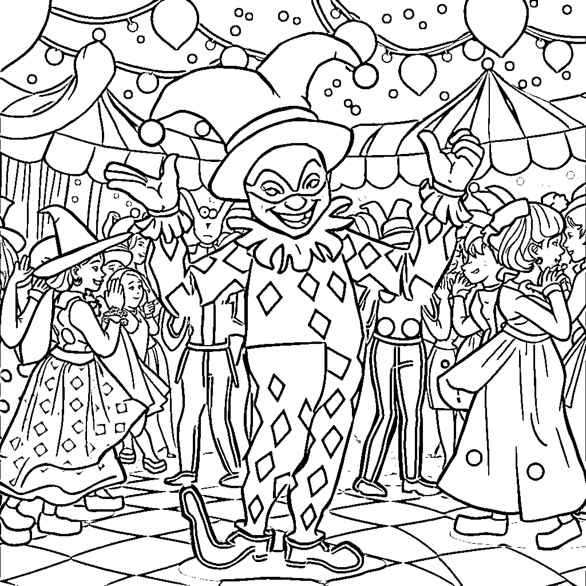 Arlequin's Carnival Celebration Coloring Page (free black-and-white line drawing printable PDF for all, from beginners to advanced learners, including children, teens, adults, and seniors)