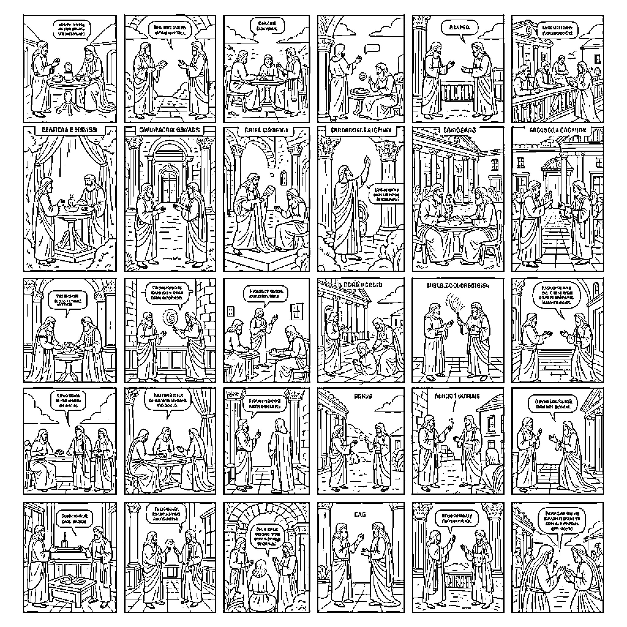 Genesis of Moments: Scenes of Everyday Life Coloring Page (free black-and-white line drawing printable PDF for all, from beginners to advanced learners, including children, teens, adults, and seniors)