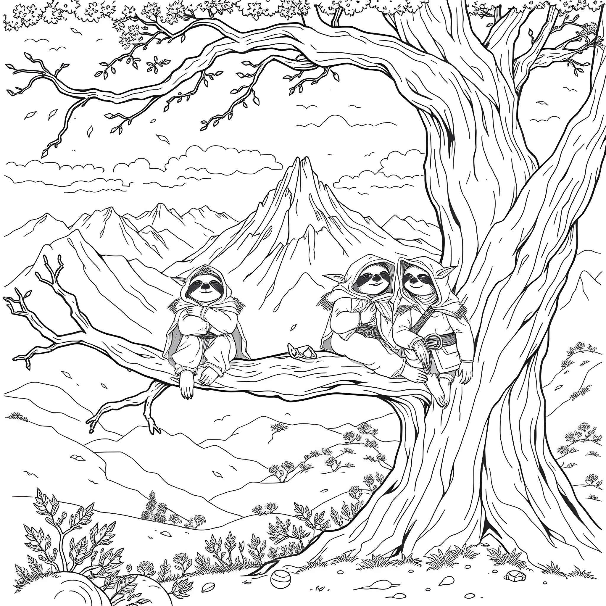 Sloth Relaxing in a Scenic Mountain Landscape Coloring Page (free black-and-white line drawing printable PDF for all, from beginners to advanced learners, including children, teens, adults, and seniors)