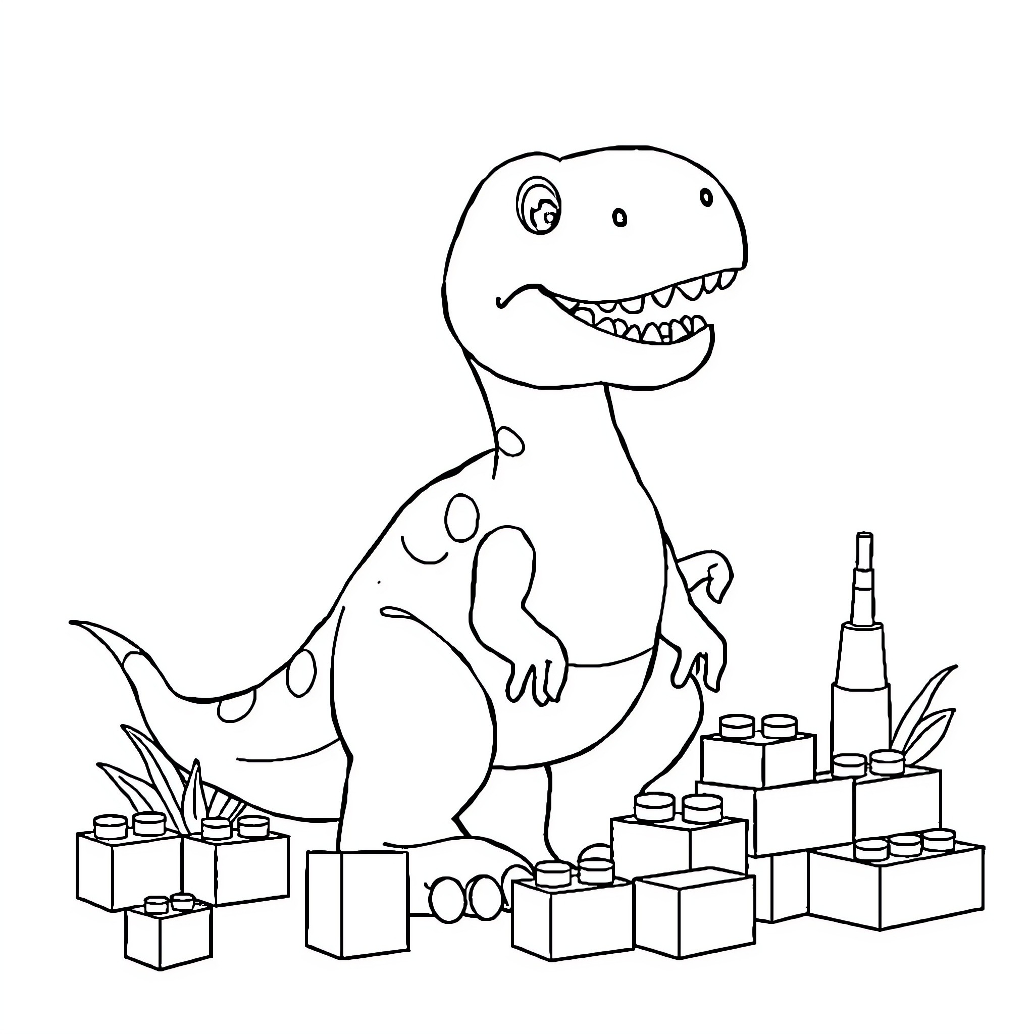 Dinosaur playing with building blocks Coloring Page (free black-and-white line drawing printable PDF for all, from beginners to advanced learners, including children, teens, adults, and seniors)
