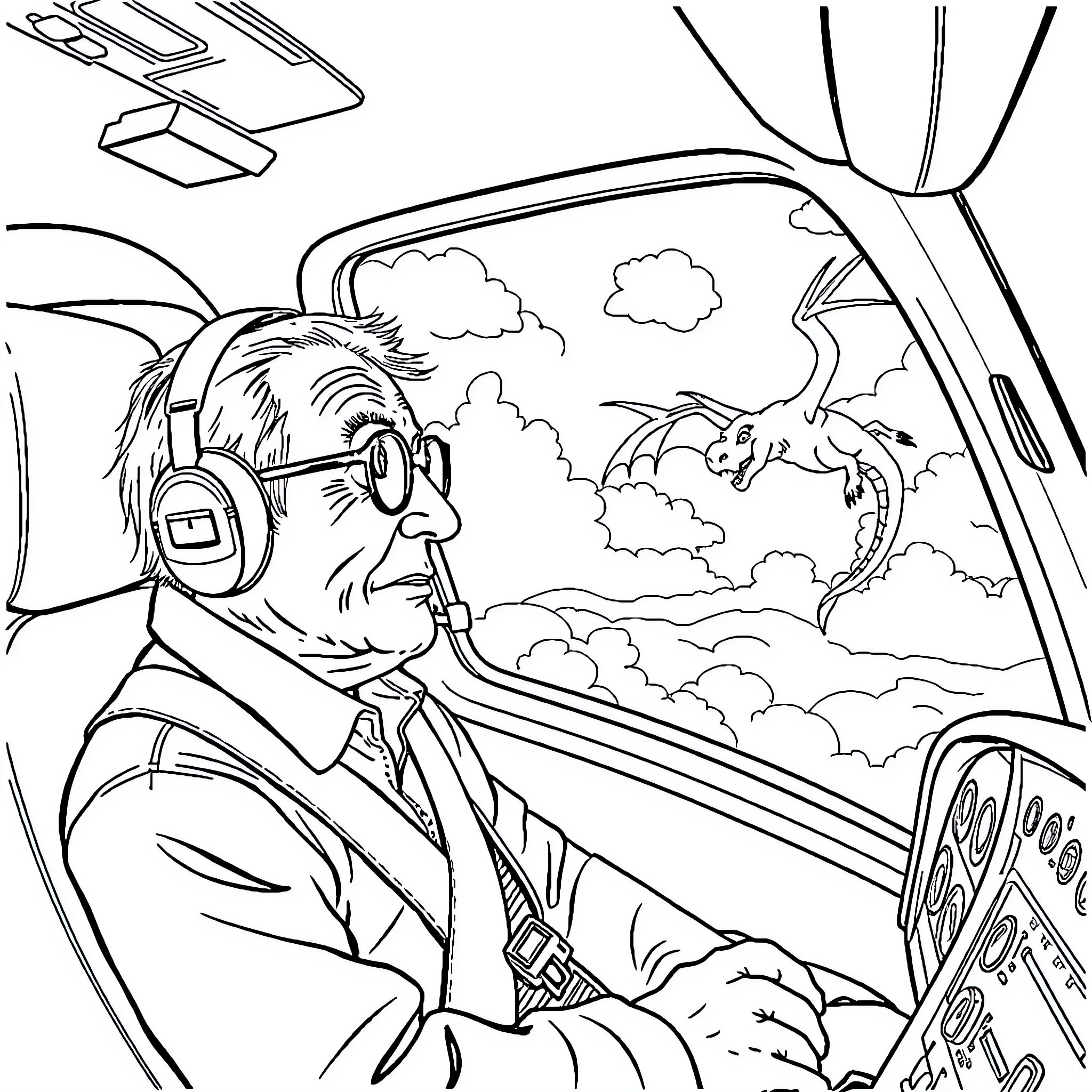 Helicopter pilot surveying the skies Coloring Page (free black-and-white line drawing printable PDF for all, from beginners to advanced learners, including children, teens, adults, and seniors)